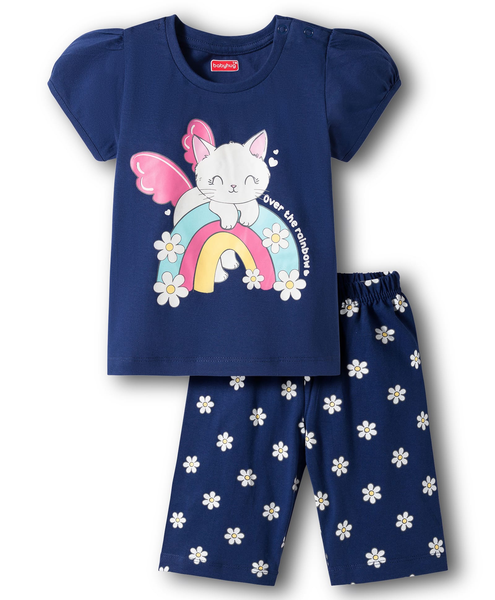 Babyhug Cotton Knit Half Sleeves T-Shirt & Capri Night Suit With Cat & Floral Print - Navy Blue-image-43