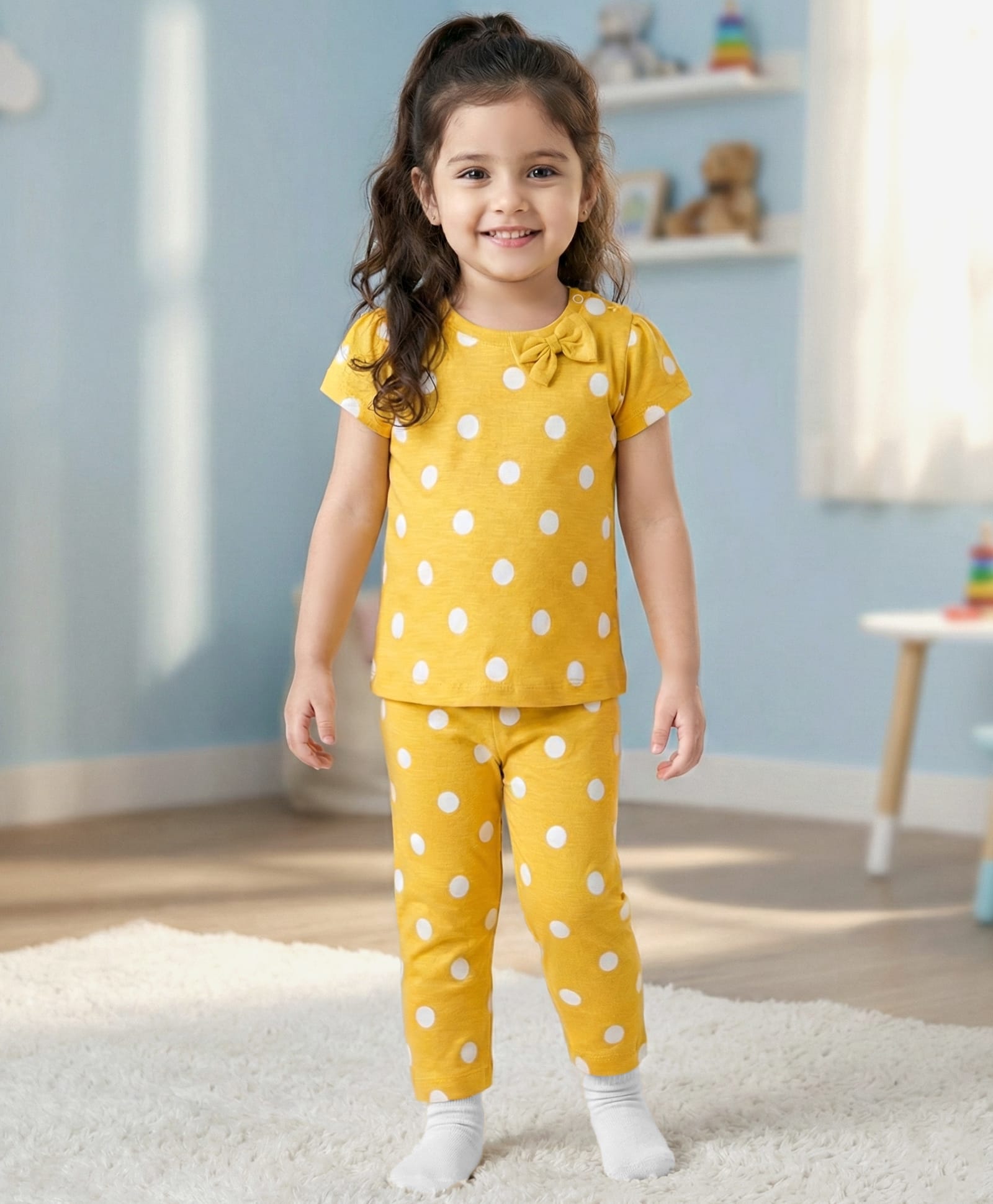 Babyhug Cotton Knit Half Sleeves T-Shirt & Pyjama Co-ord Night Suit With Polka Dot Print - Yellow-image-34