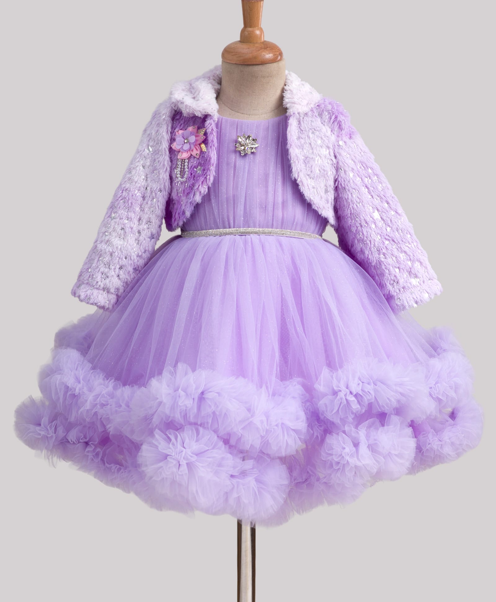 Enfance Full Sleeves Glitter Embellished Knee Length Dress With Full Sleeves Stars Foil Printed Fur & Floral Applique Detailed Jacket - Lavender
