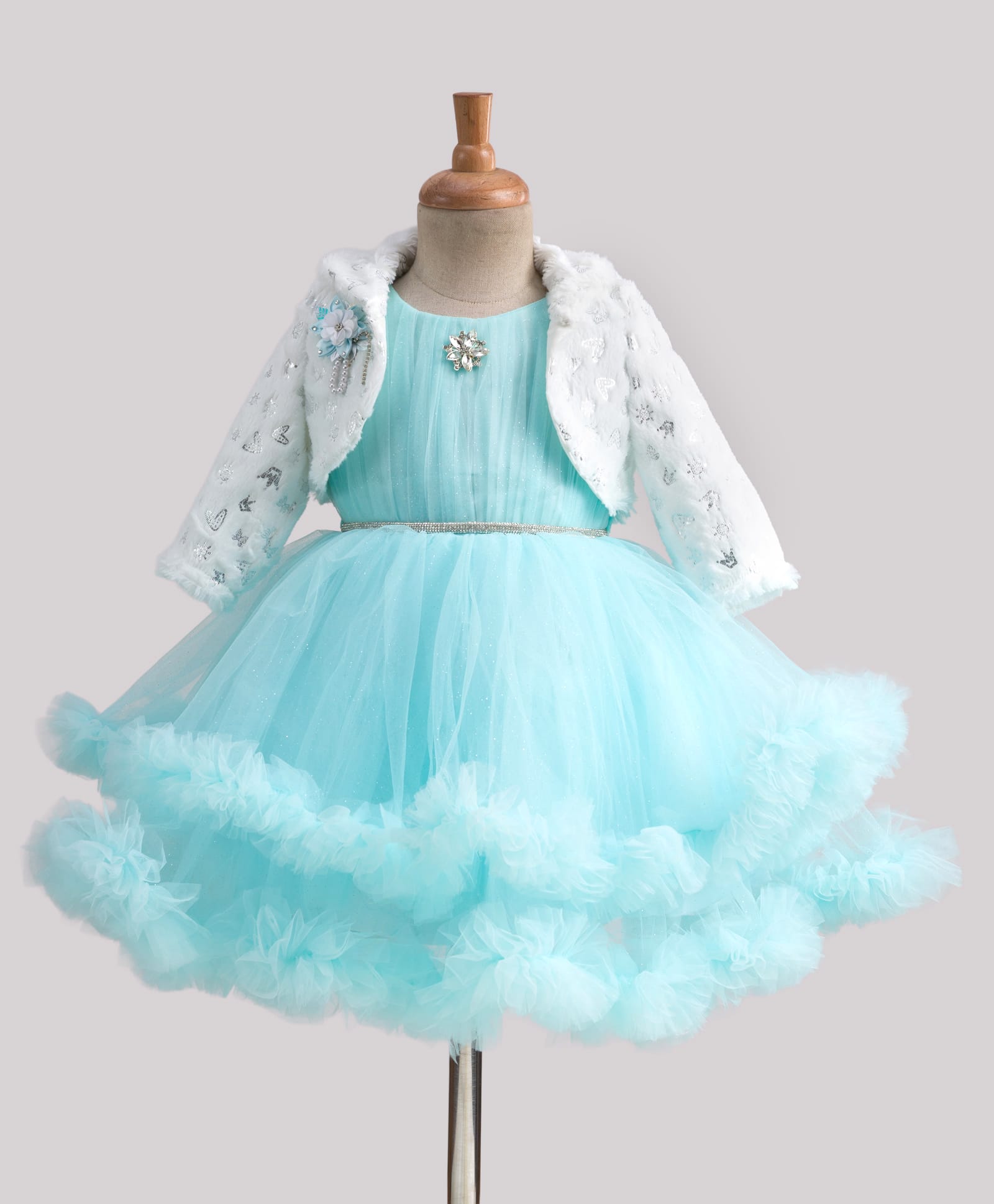 Enfance Full Sleeves Glitter Embellished Knee Length Dress With Full Sleeves Heart & Crown Foil Printed Fur & Floral Applique Detailed Jacket - Ferozi-picture-43