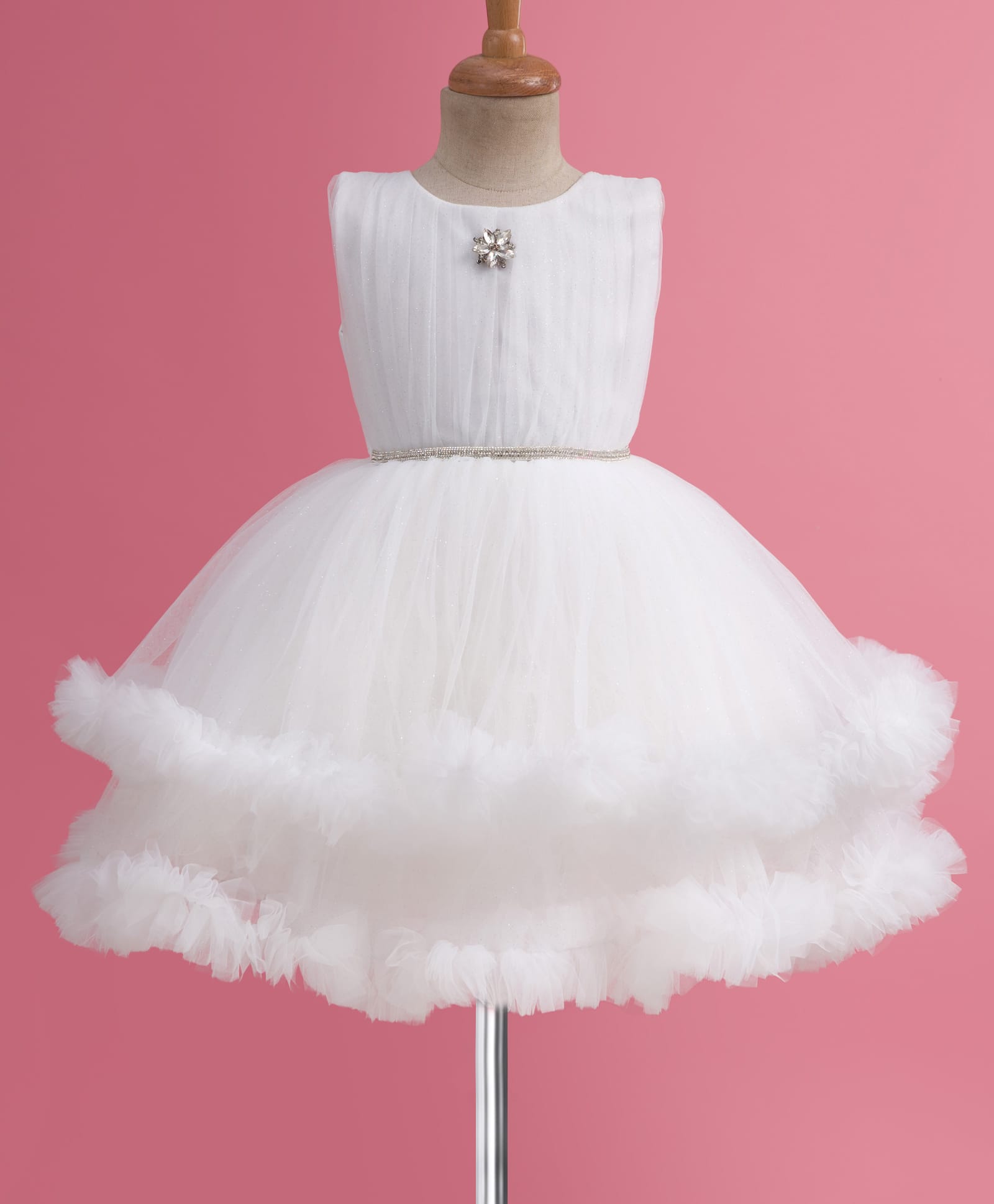 Enfance Sleeveless Stone Embellished Floral Metal Applique Ruffle & Shimmer Detailed Knee Length Layered Dress - White