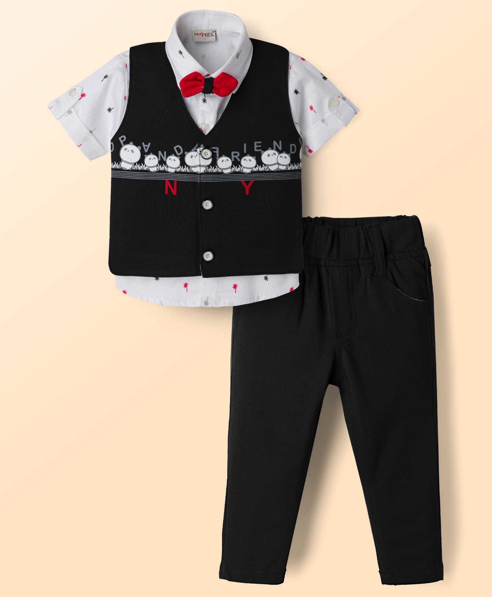 Dapper Dudes Half Sleeves Shirt Pandas Printed Waistcoat & Bottom Set With Bow - Black-image-47