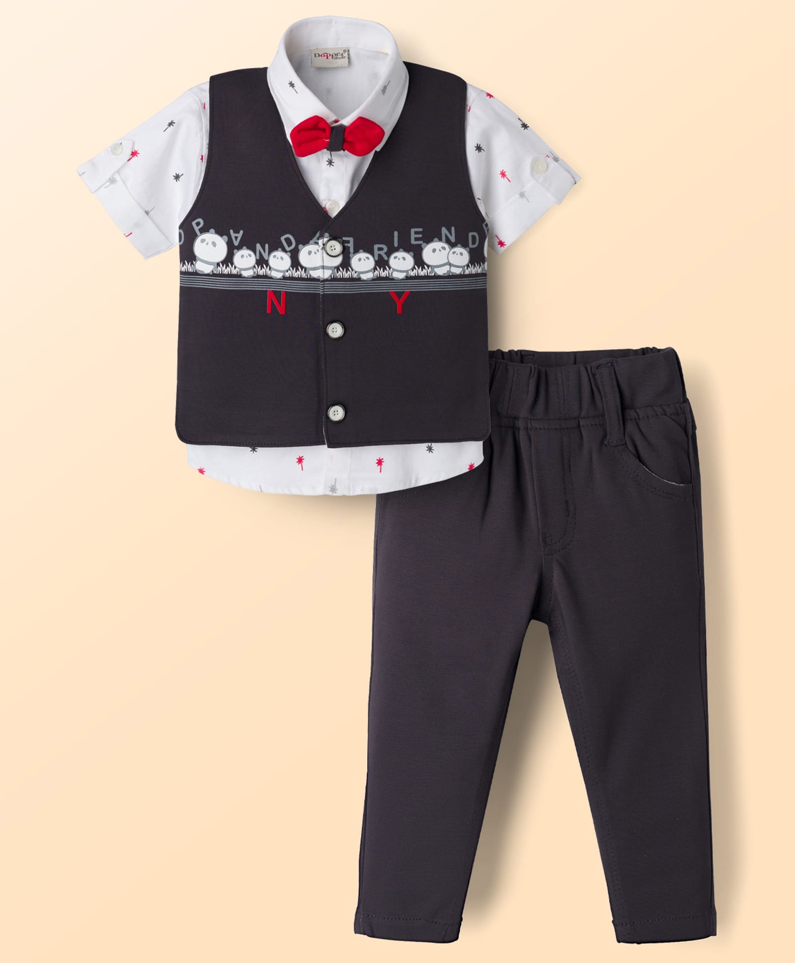 Dapper Dudes Half Sleeves Pandas Printed Party Suit With Bow - Dark Grey-image-1