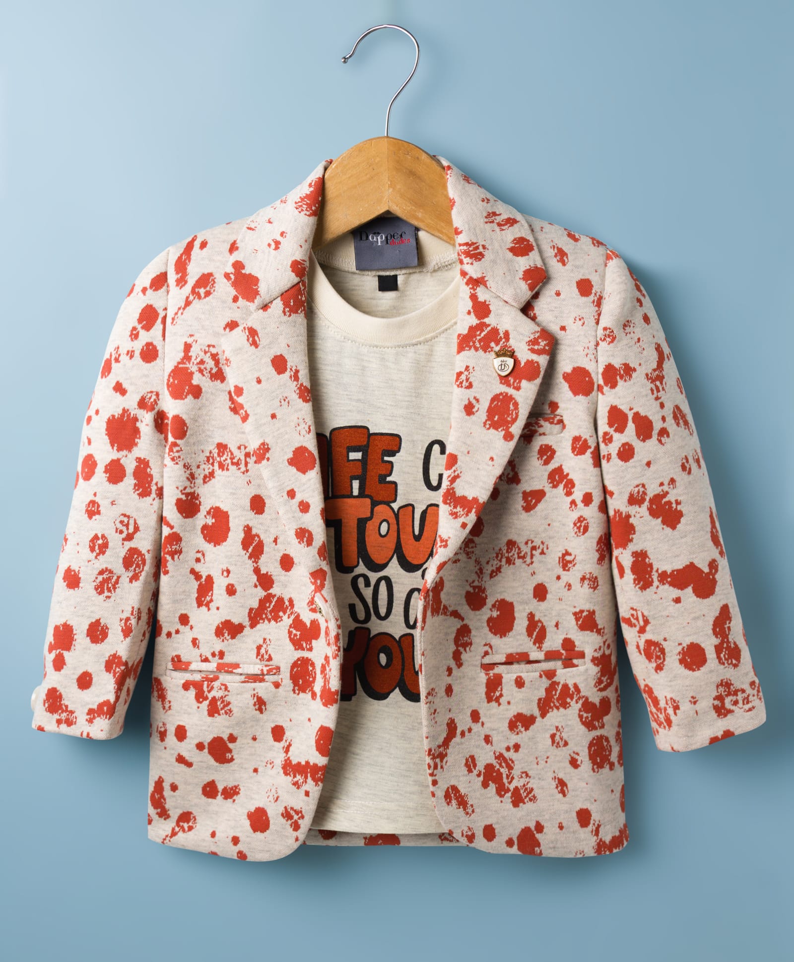 Dapper Dudes Full Sleeves Colour Splash Printed Blazer With Typography Printed Tee - Orange-image-9