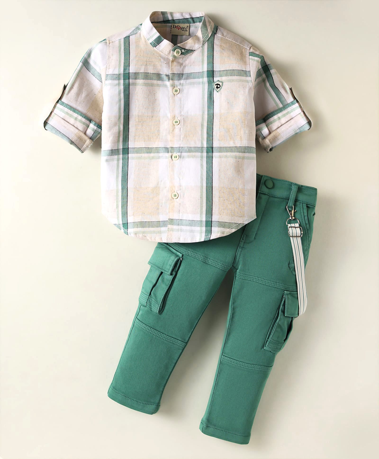 Dapper Dudes Full Sleeves Checked Suspender Shirt With Pant Set - Green - L - Cotton Mixes or Cotton Poly - (18 to 24 Month)-image-42