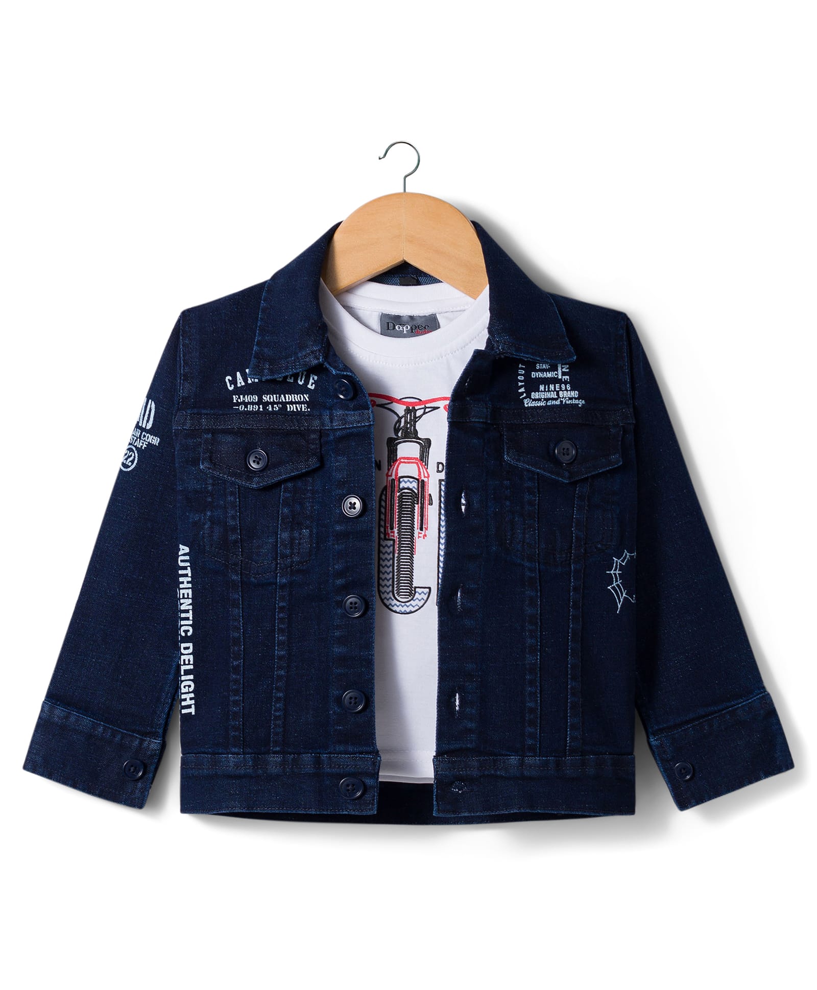 Dapper Dudes Full Sleeves Denim Jacket With Typography Printed Tee - Blue-image-9
