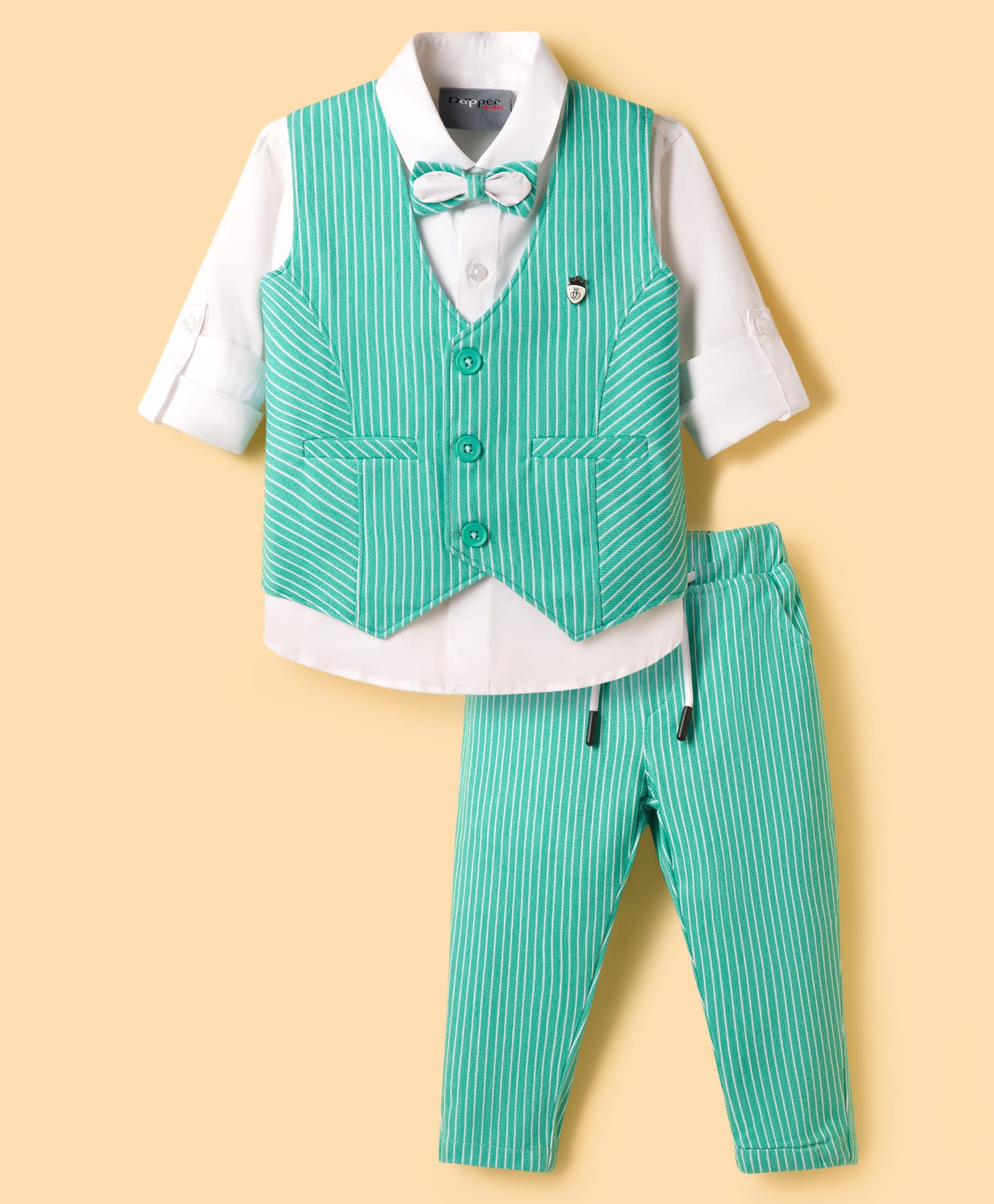 Dapper Dudes Full Sleeves Shirt With Striped Waitcoat Bow & Pants - Pista Green-image-12
