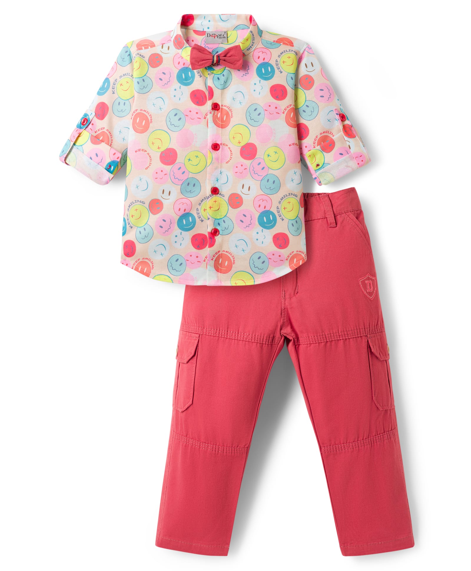 Dapper Dudes Full Sleeves Smiley Printed Shirt & Cargo Pants Set With Bow & Suspender - Tomato-image-7