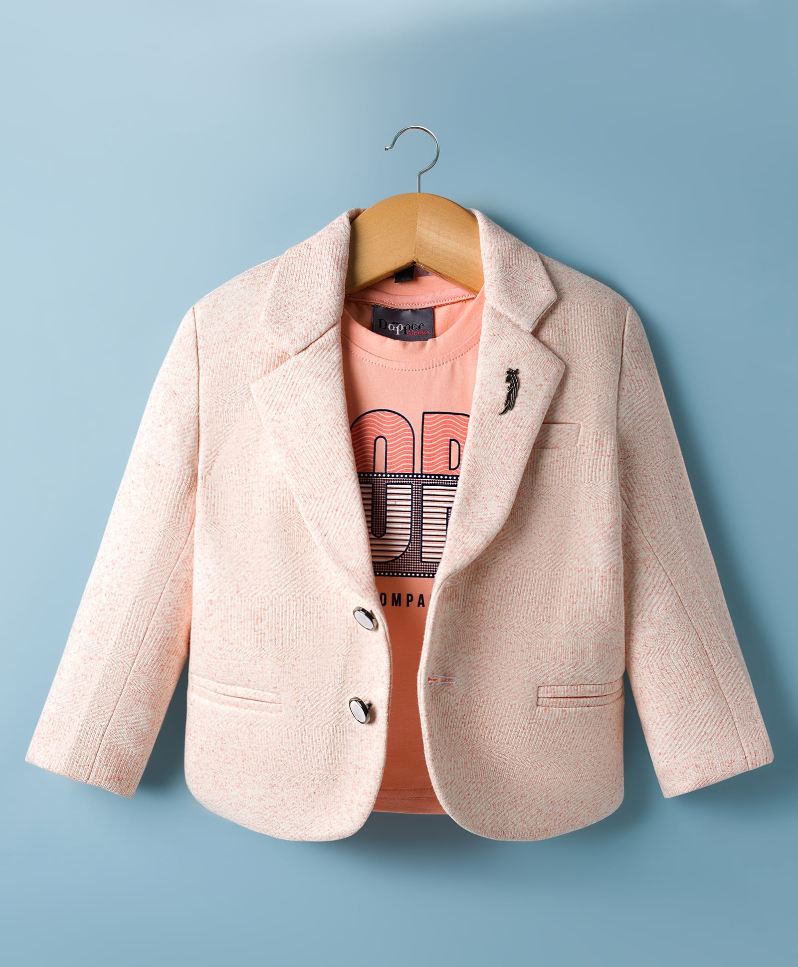 Dapper Dudes Full Sleeves Blazer With Typography Printed Tee - Peach-image-0