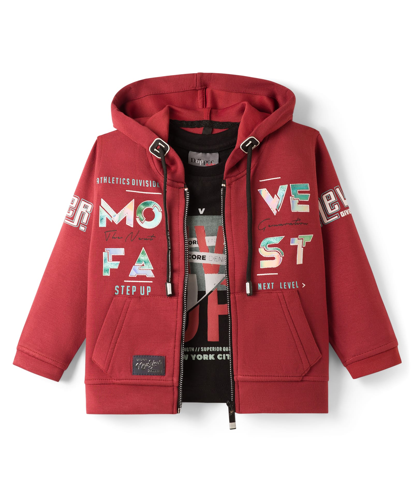 Dapper Dudes Full Sleeves Typography Printed Hooded Jacket With Tee - Brown-image-18