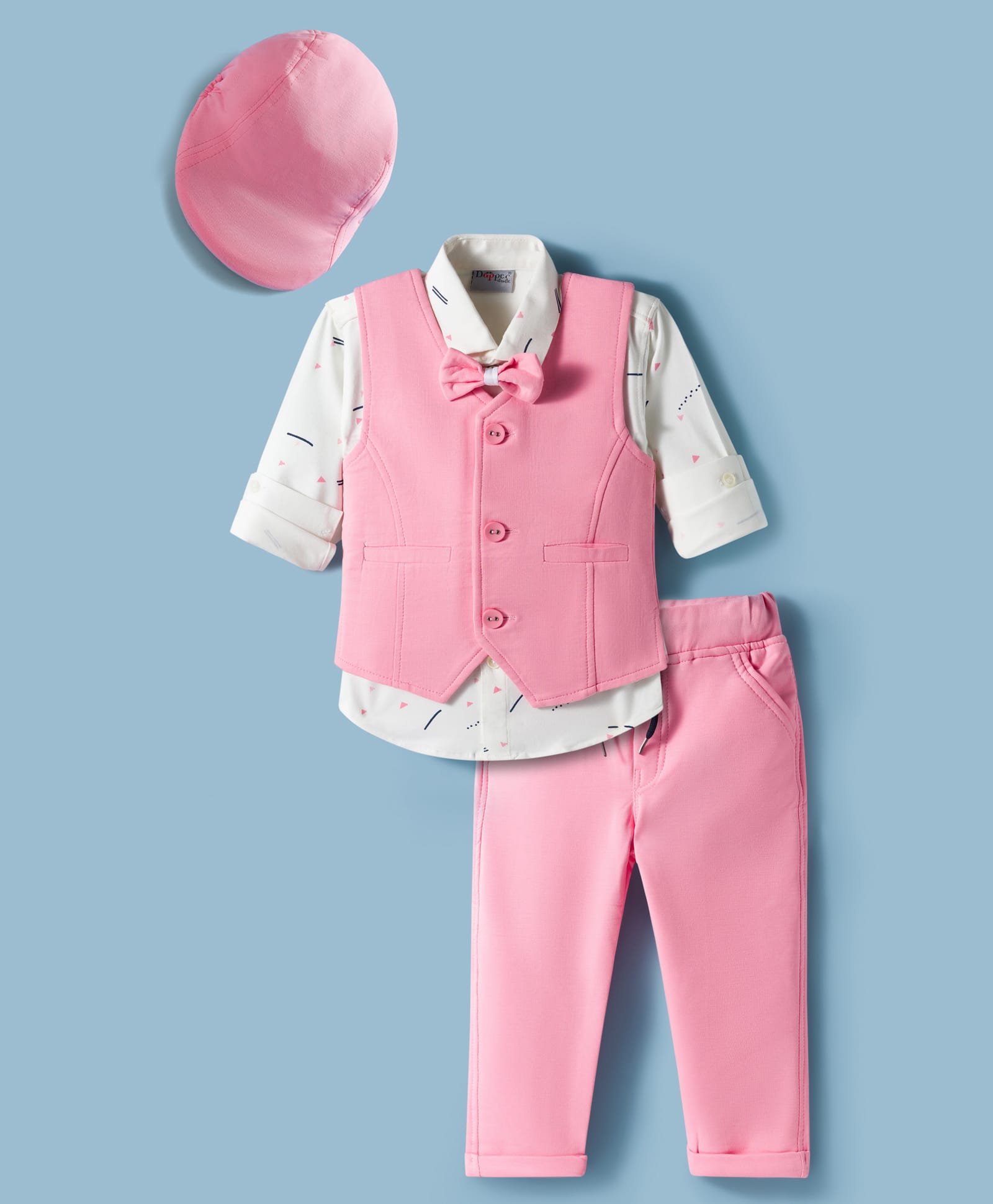 Dapper Dudes Full Sleeves Solid Party Suit With Bow Cap - Pink-picture-22