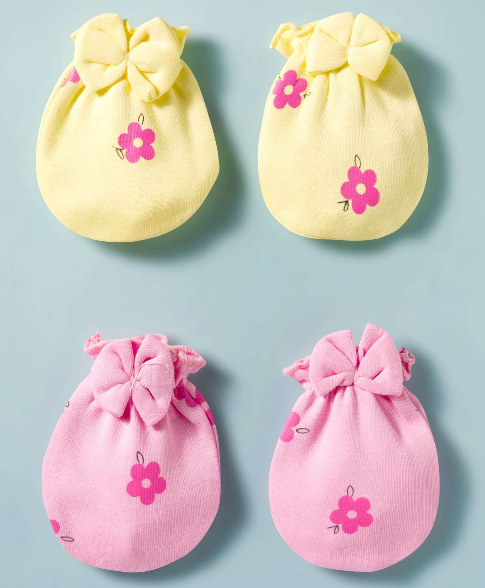 Doodle Poodle 100% Cotton Interlock Knit Floral Printed Mittens with Bow Applique Pack of 2- Pink & Yellow-image-48