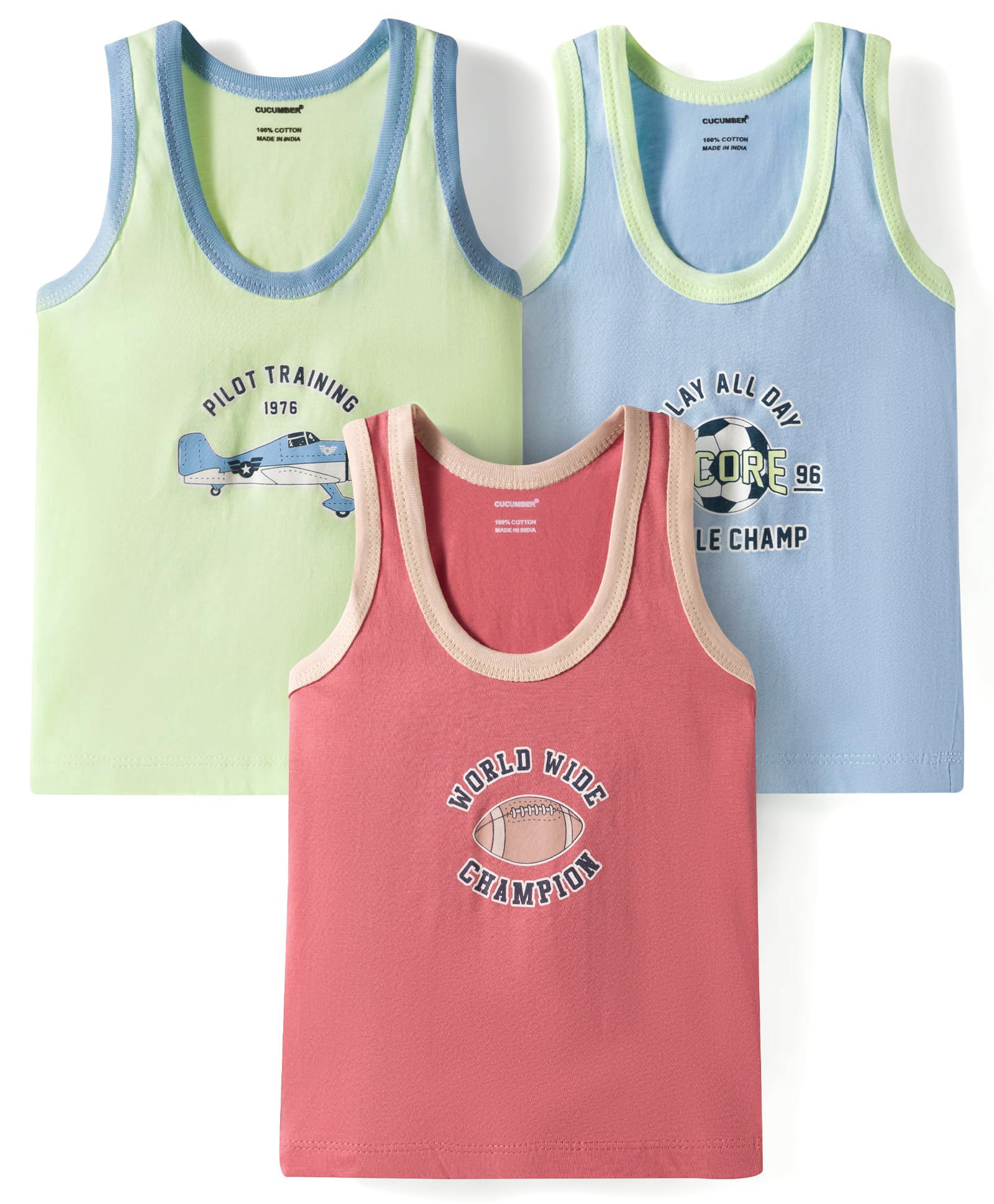 CUCUMBER Knitted Sleeveless Airplane & Ball Printed Set of Vests Pack of 3 - Sea Green, Light Blue & Dark Peach-image-28