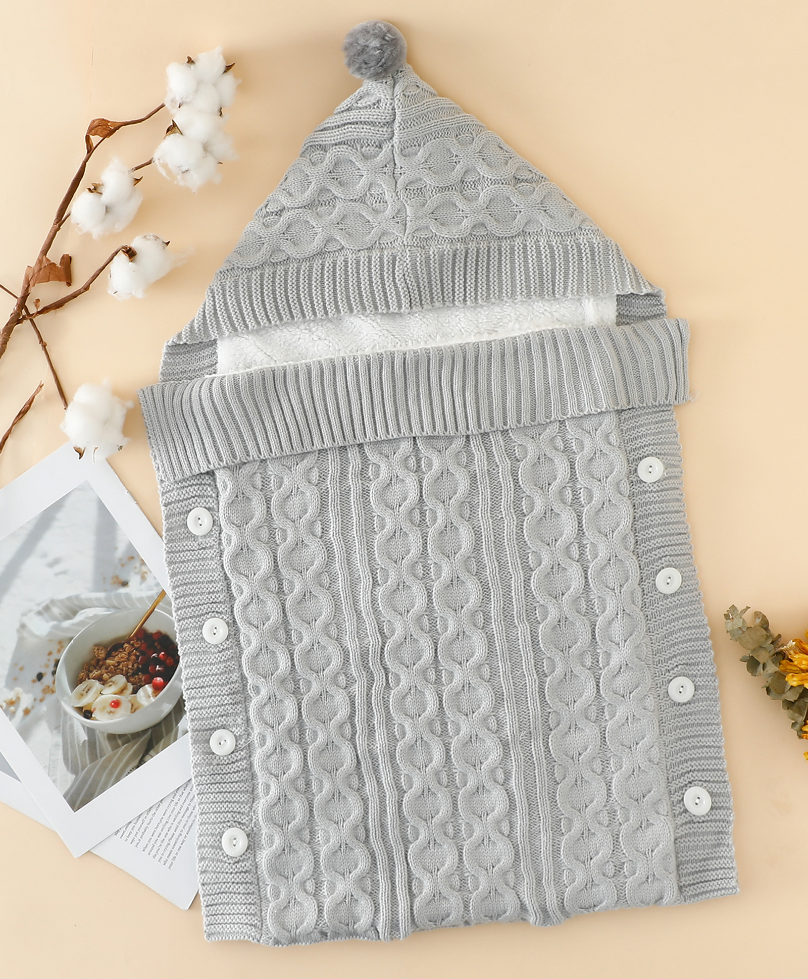 Babyhug Premium Hooded Knitted Blanket Sleeping Bag with Soft Fur Lining| Light Weight| Warm & Cozy Winter Wrapper| Machine Washable| Button Closure| 0 to 12 months| New Born Gifting - Grey-image-7