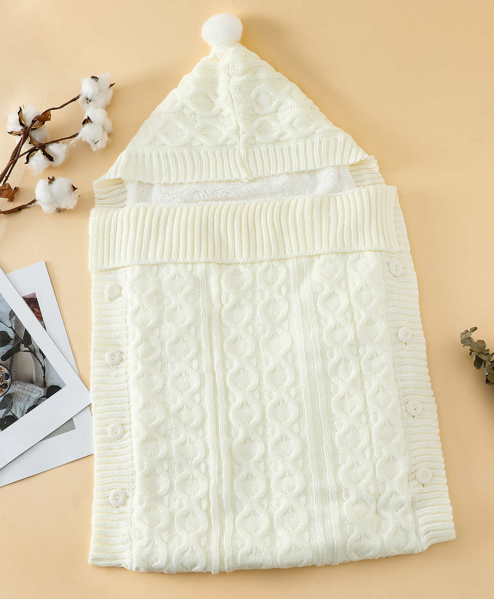 Babyhug Premium Hooded Knitted Blanket Sleeping Bag with Soft Fur Lining Light Weight| Warm & Cozy Winter Wrapper| Machine Washable| Button Closure| 0 to 12 months| New Born Gifting- Beige-image-48