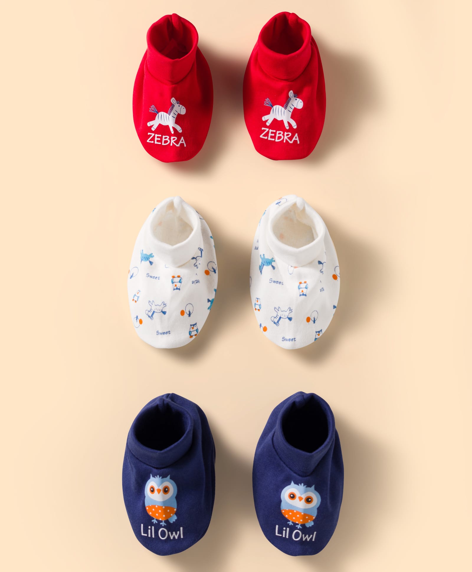 Doodle Poodle 100% Cotton Interlock Knit Owl & Zebra Printed Booties Pack of 3 - Dark Red, White & Navy Blue
