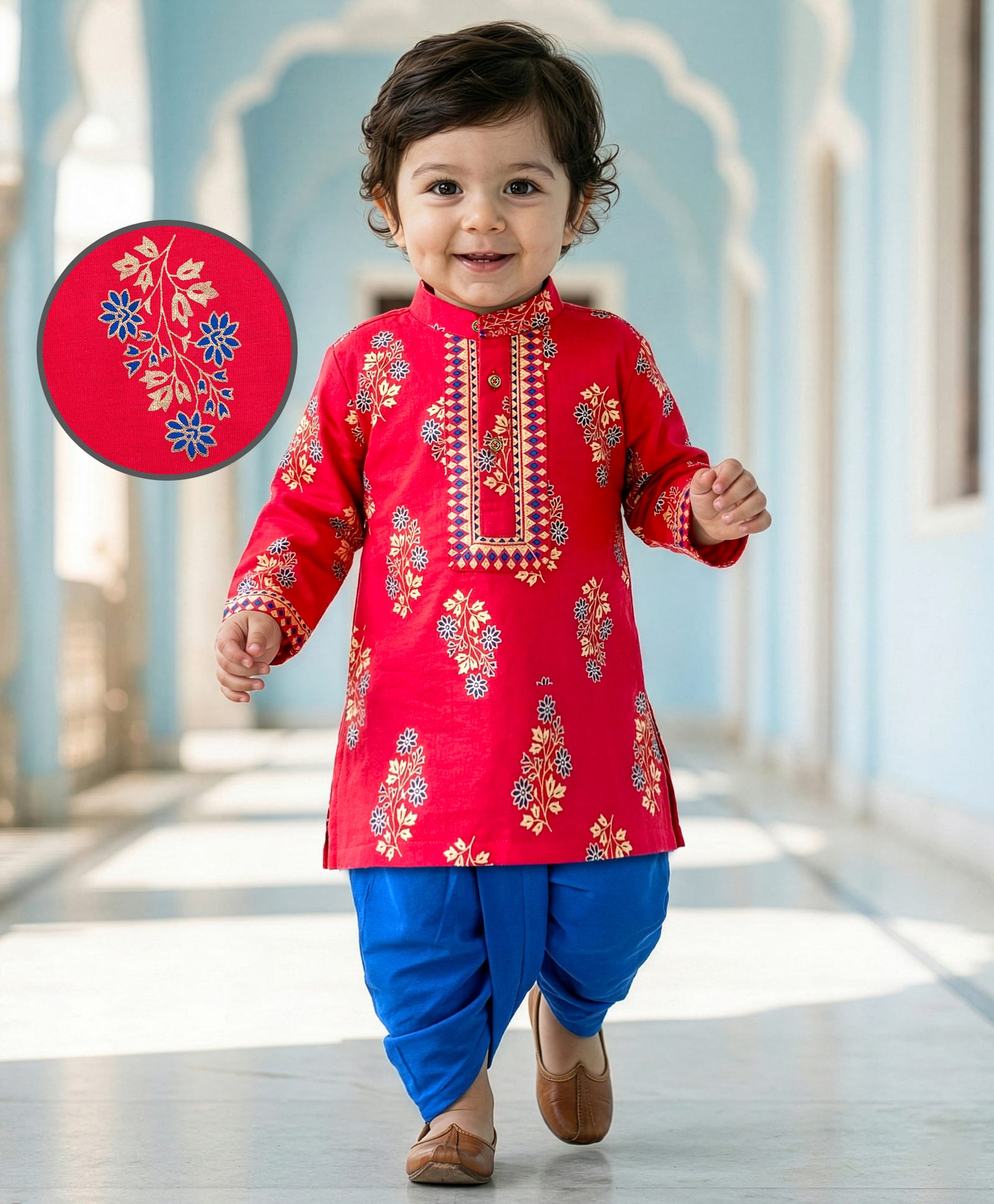 EARTHY TOUCH Cotton Jersey Knit Full Sleeves Kurta & Dhoti Set With Floral Foil Print - Red-picture-28
