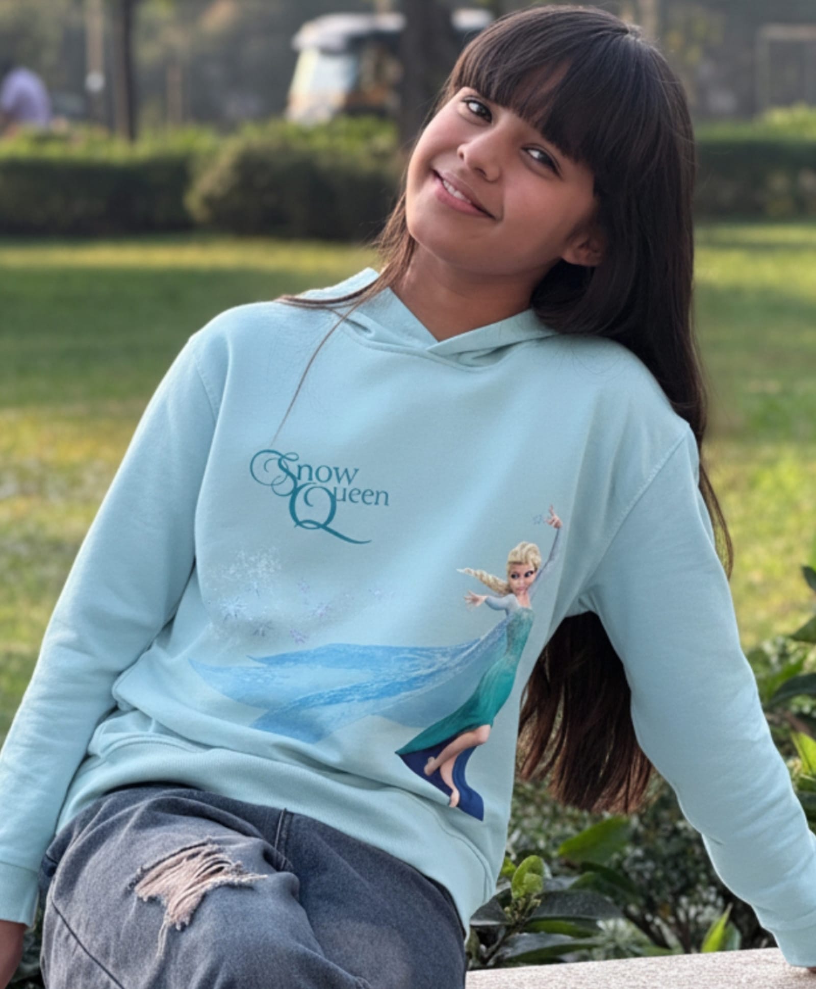 Nap Chief Cotton Blend Knit Disney Frozen Featuring Full Sleeves Elsa Printed Light Winter Hooded Sweatshirt - Light Blue