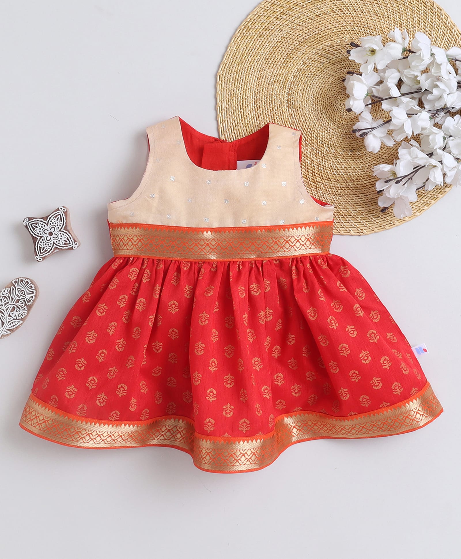 Many frocks & Tafetta Woven Sleeveless Floral Printed Lace Embellished Dress - Red & Beige-picture-12
