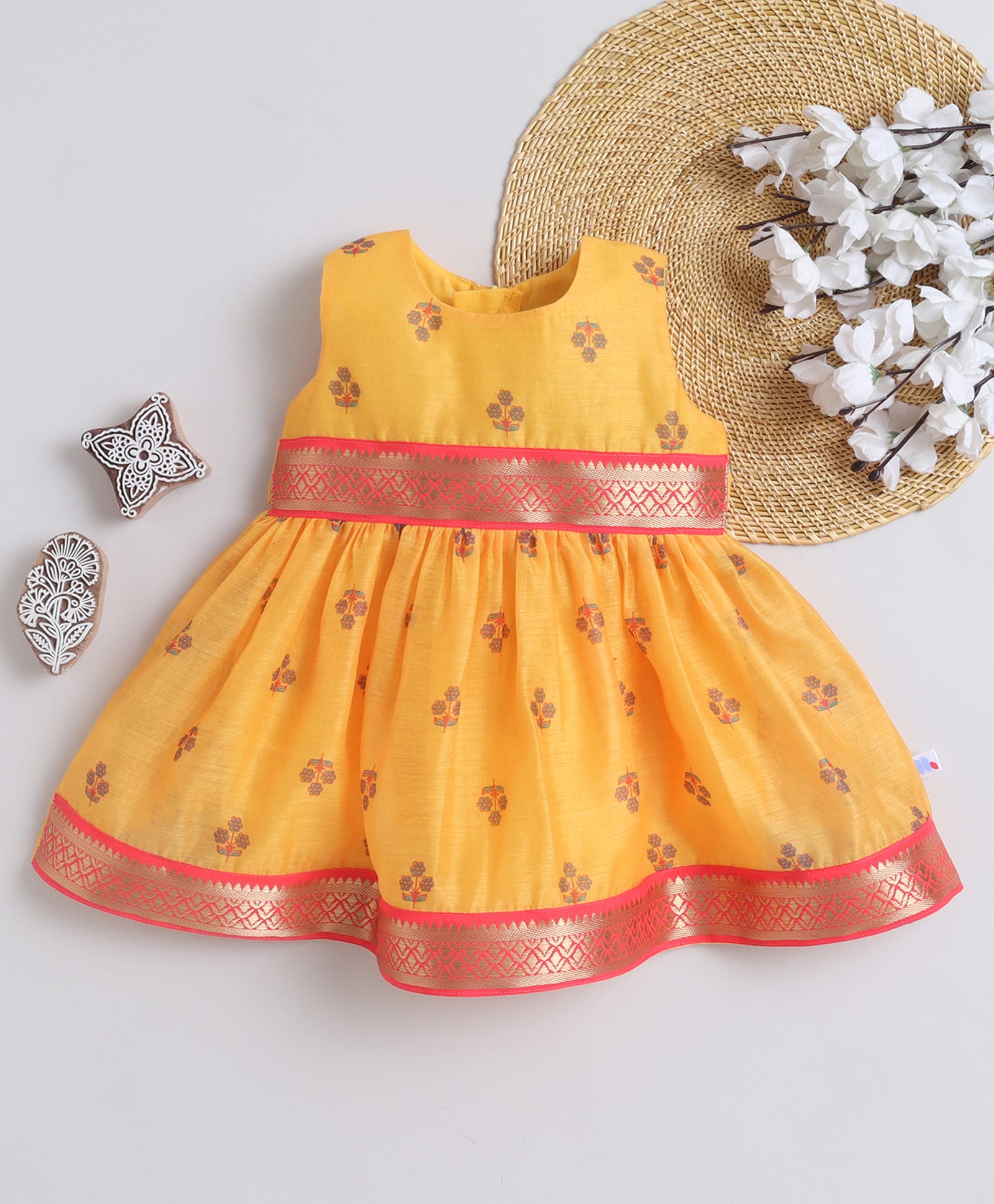 Many frocks & Chanderi Woven Sleeveless Floral Printed Lace Embellished Dress - Mustard-image-30