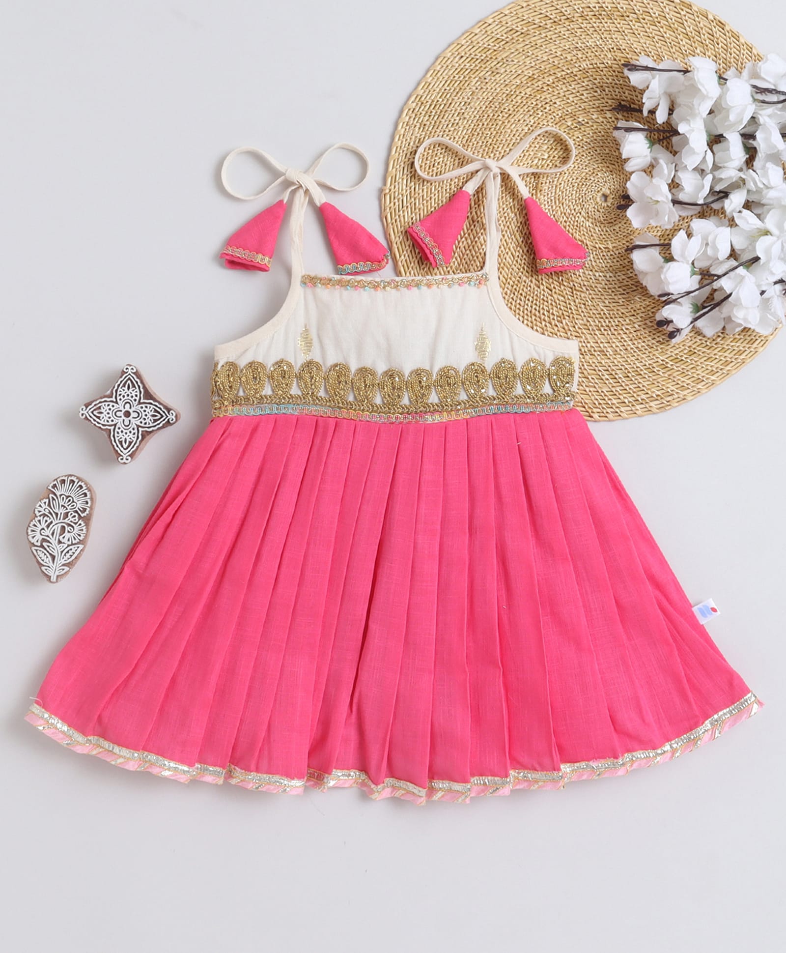 Many frocks & Cotton Woven Sleeveless Lace Embellished Abstract Design Embroidered Dress - Pink & Cream-image-46