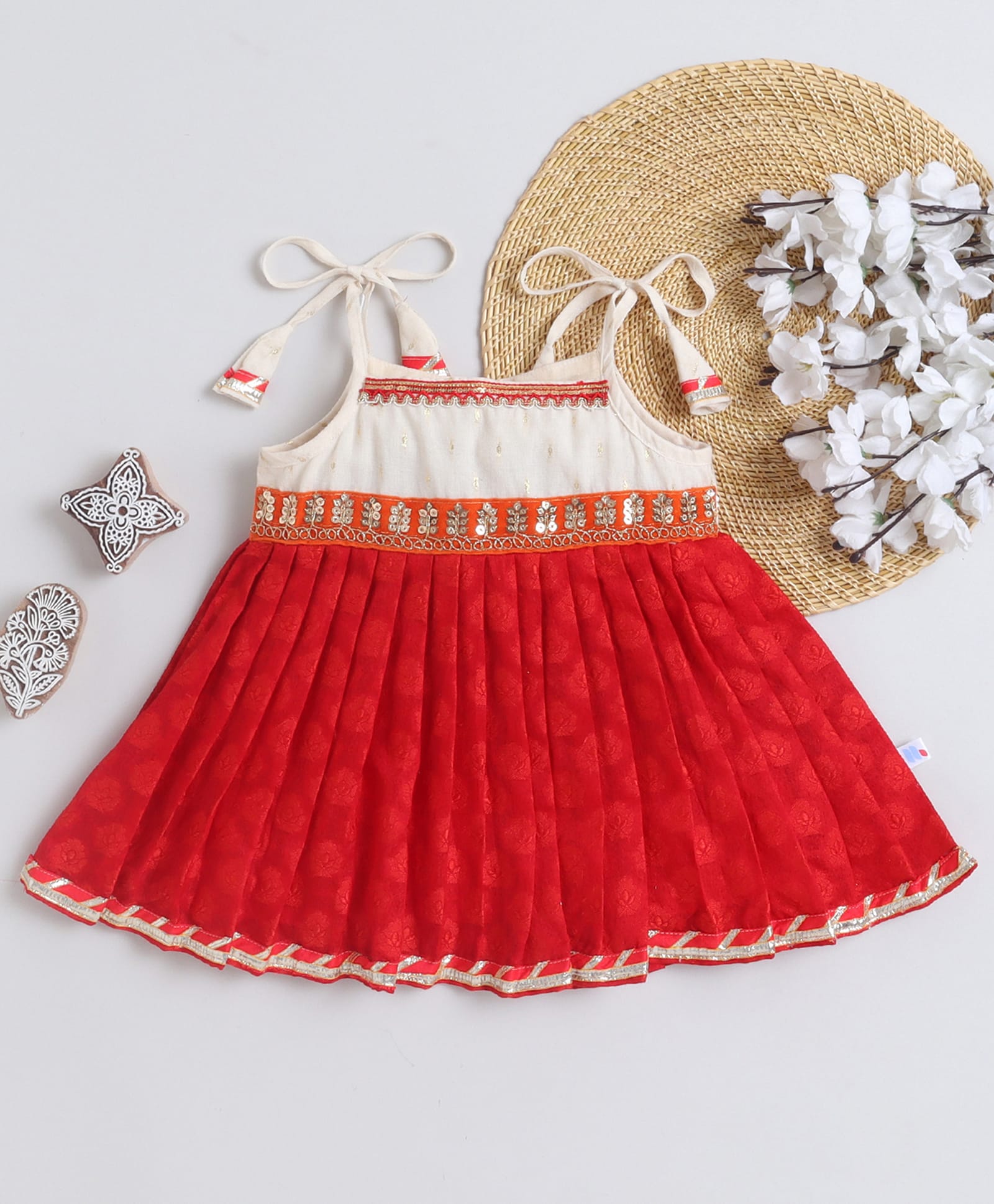 Many frocks & Cotton Woven Sleeveless Sequins Embellished Dress - Red & Cream-image-26