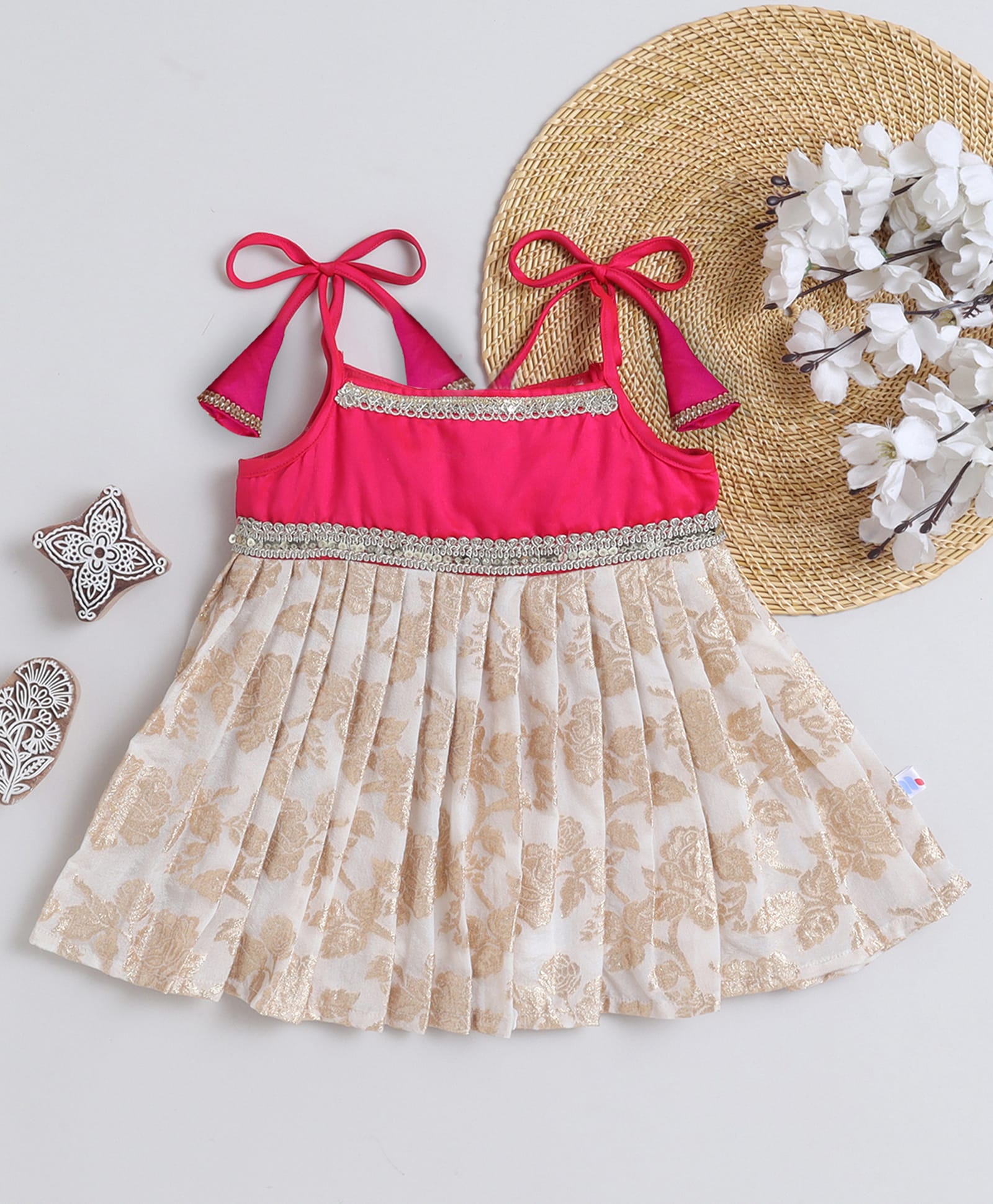 Many frocks & Woven Sleeveless Lace Embellished Floral Printed Dress - Cream & Pink-image-38