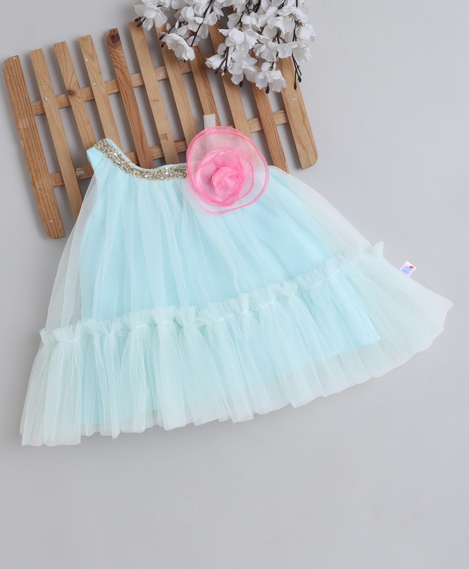 Many frocks & Woven One Shoulder Sleeveless Sequins Embellished Floral Applique Detailed Dress - Sea Green-image-9