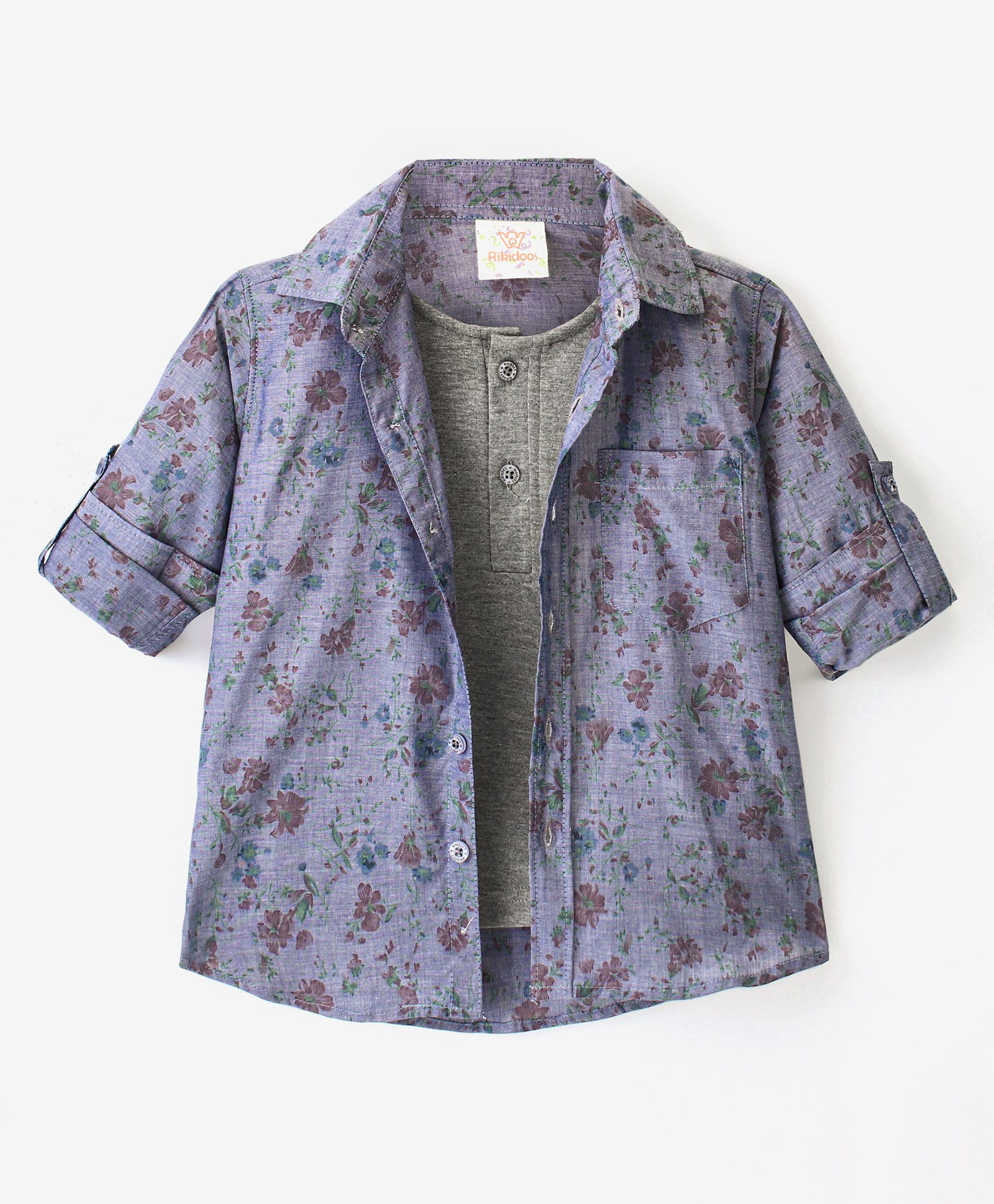 Rikidoos Cotton Woven Full Sleeves Floral Printed Shirt With Attached Inner Tee - Blue-picture-43