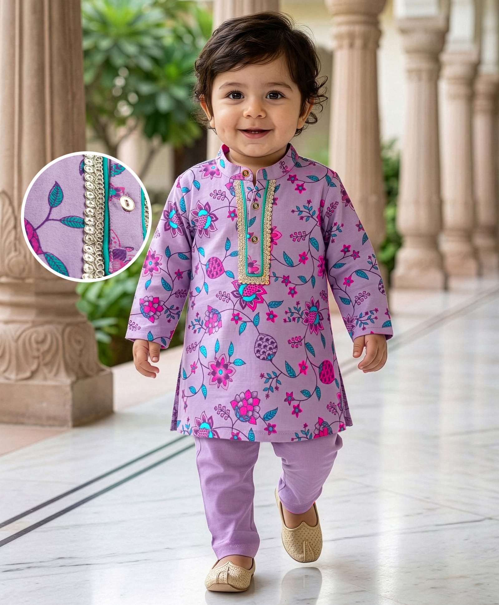EARTHY TOUCH Cotton Jersey Knit Full Sleeves Kurta Pajama Set With Floral Print - Lavender-picture-21