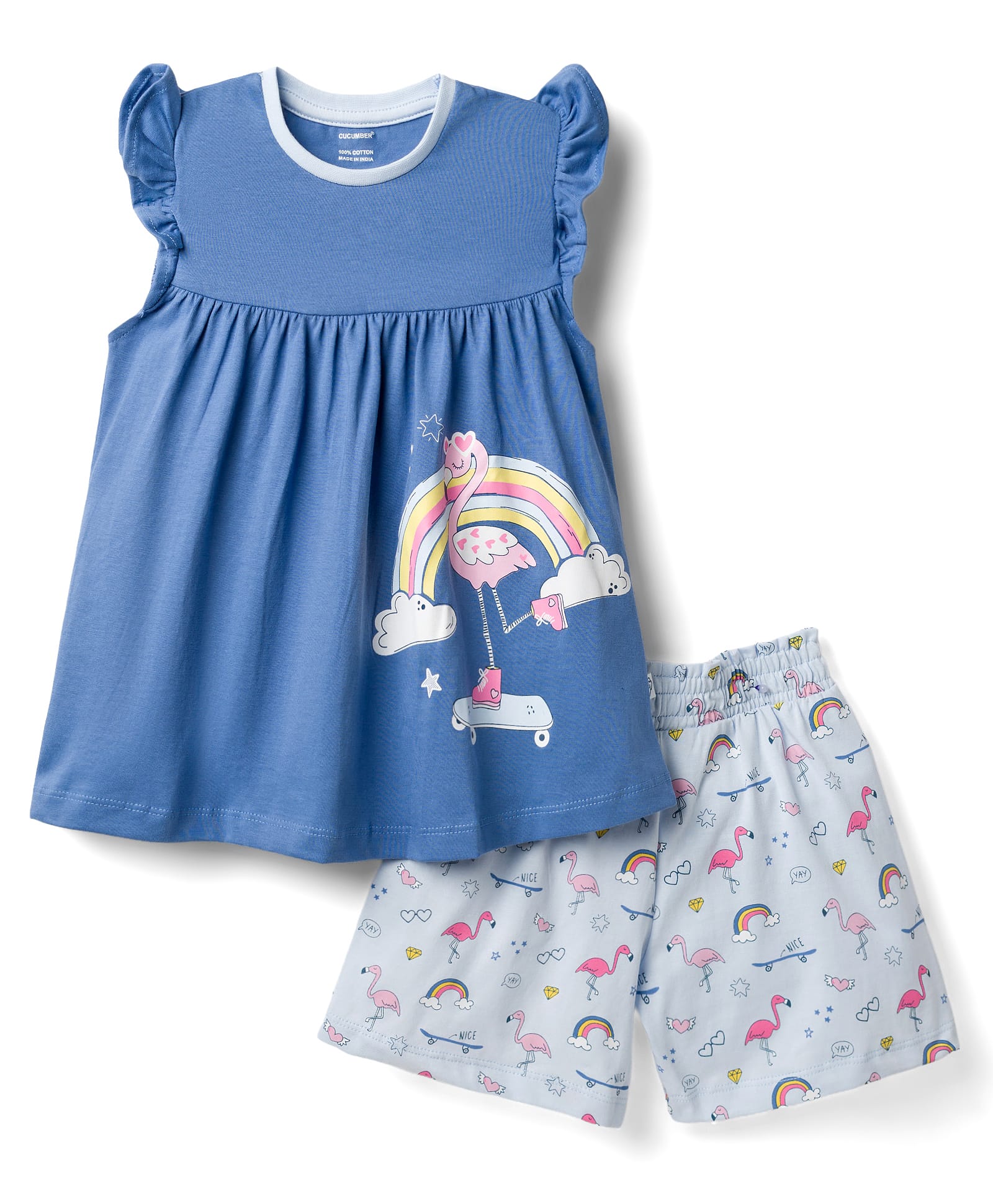 CUCUMBER Knit Sleeveless Top & Shorts Night Suit With Flamingo & Rainbow Print - Blue-image-21