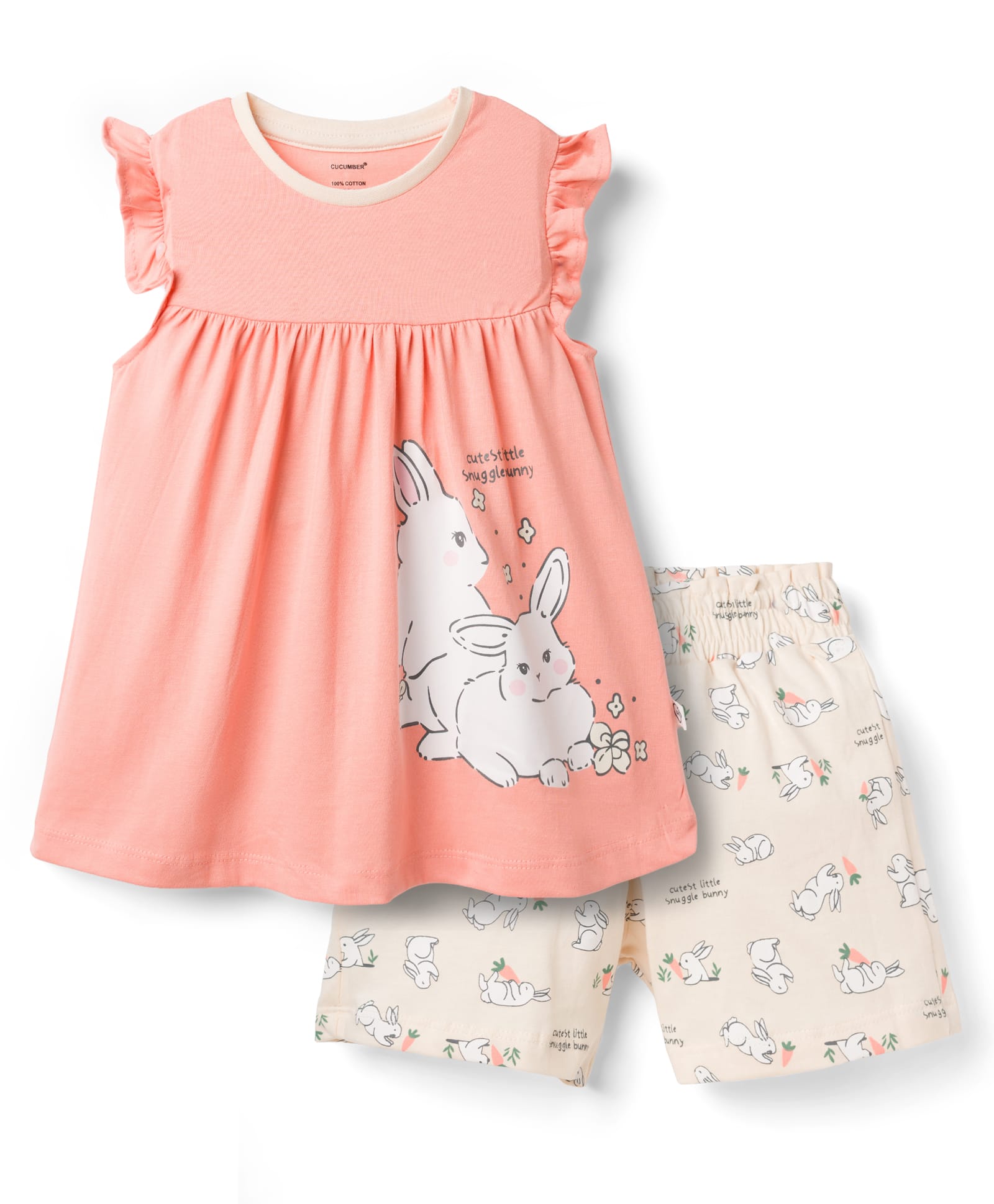 CUCUMBER Knit Sleeveless Top & Shorts Night Suit With Bunny Print - Peach-image-15