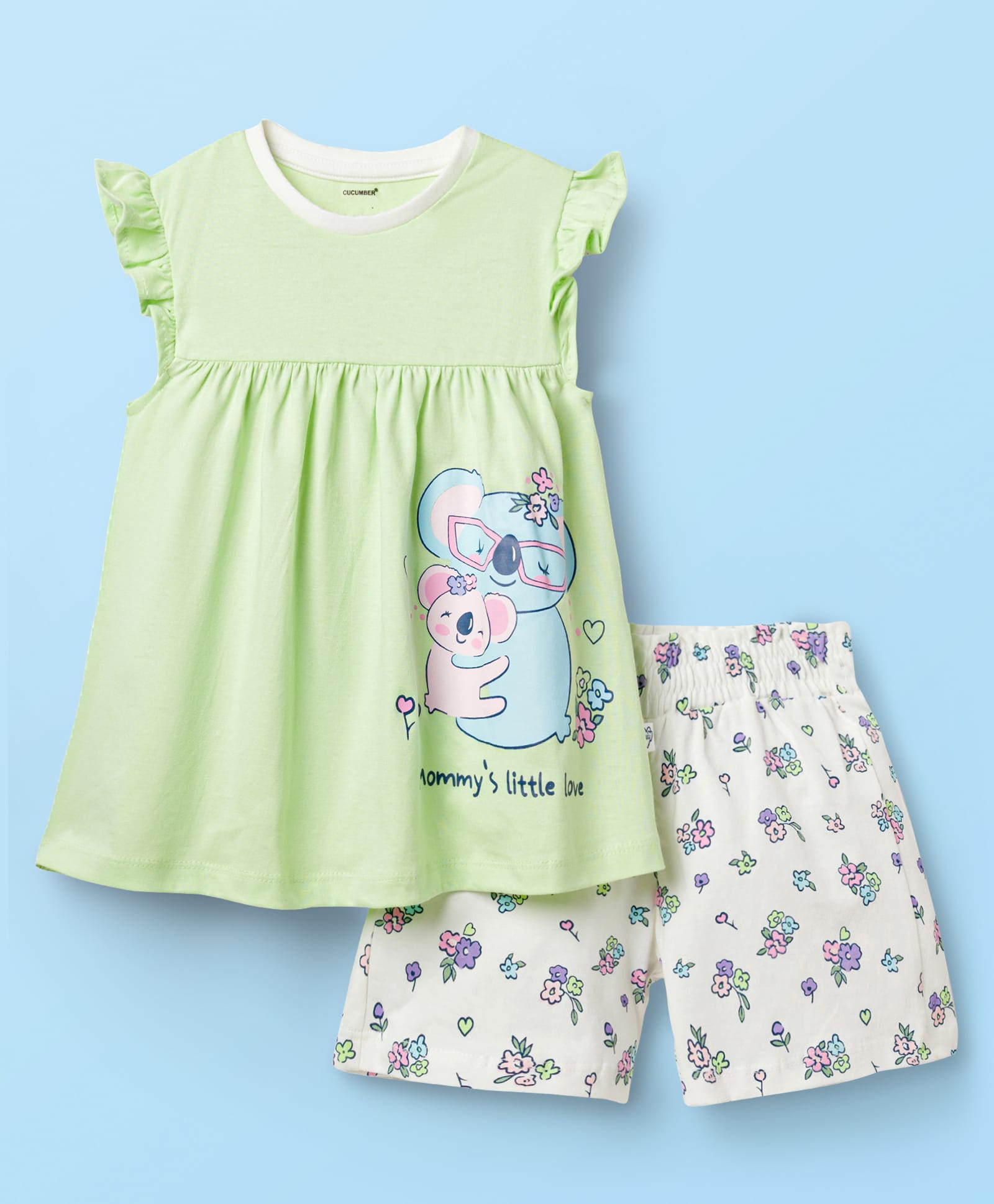 CUCUMBER Knit Sleeveless T-Shirt & Shorts Night Suit With Koala Print - Light Green-image-23