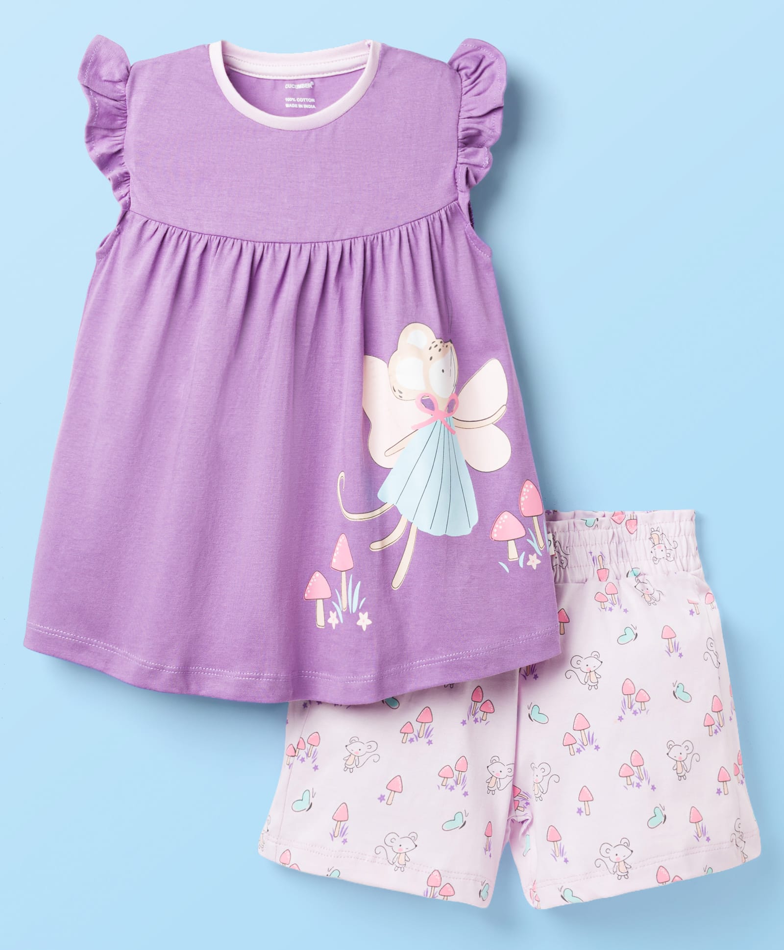 CUCUMBER Knit Sleeveless Top & Shorts Night Suit With Fairy Print - Purple-image-5