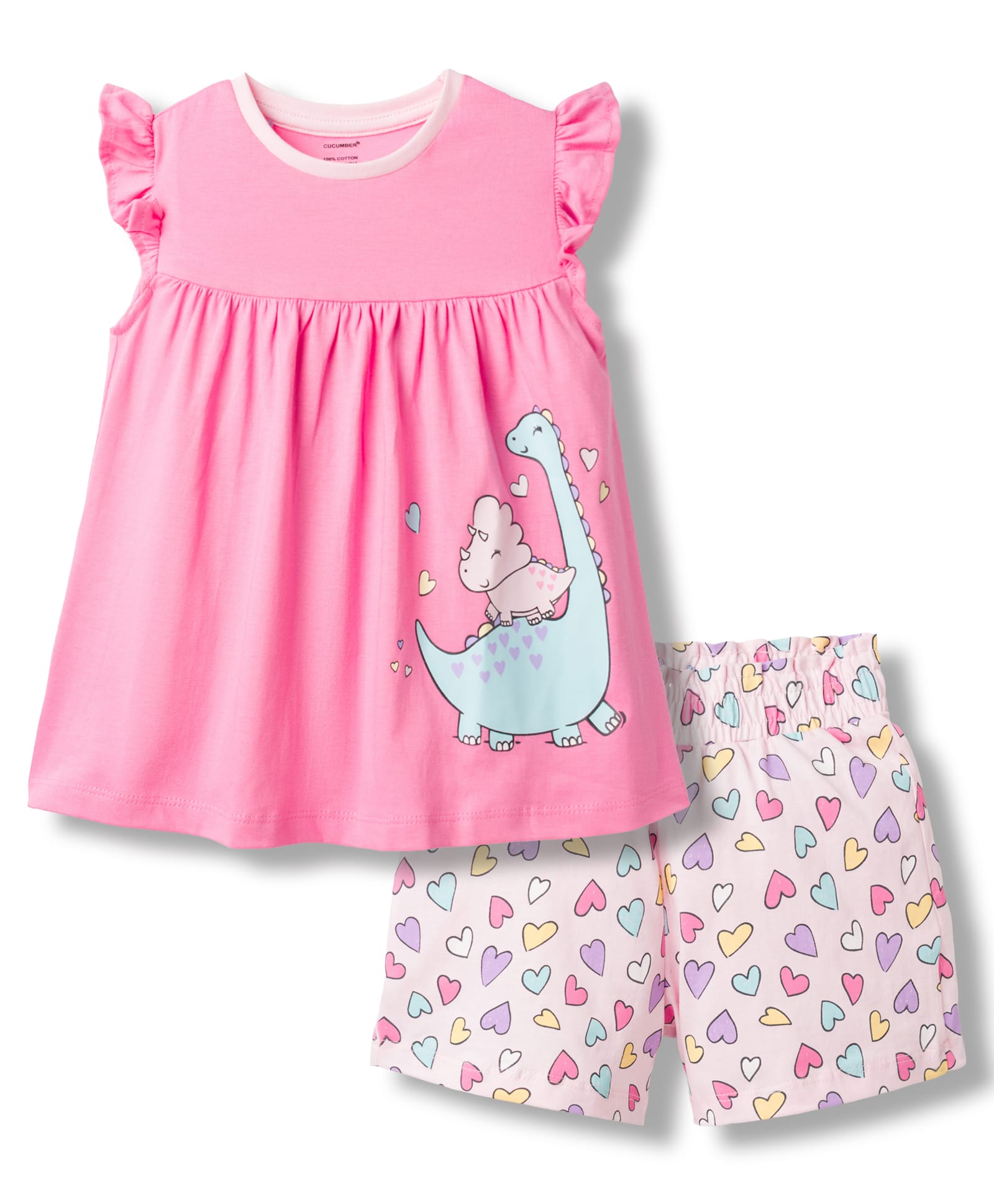 CUCUMBER Knit Sleeveless Top & Shorts Night Suit With Dino & Heart Print - Pink-image-40