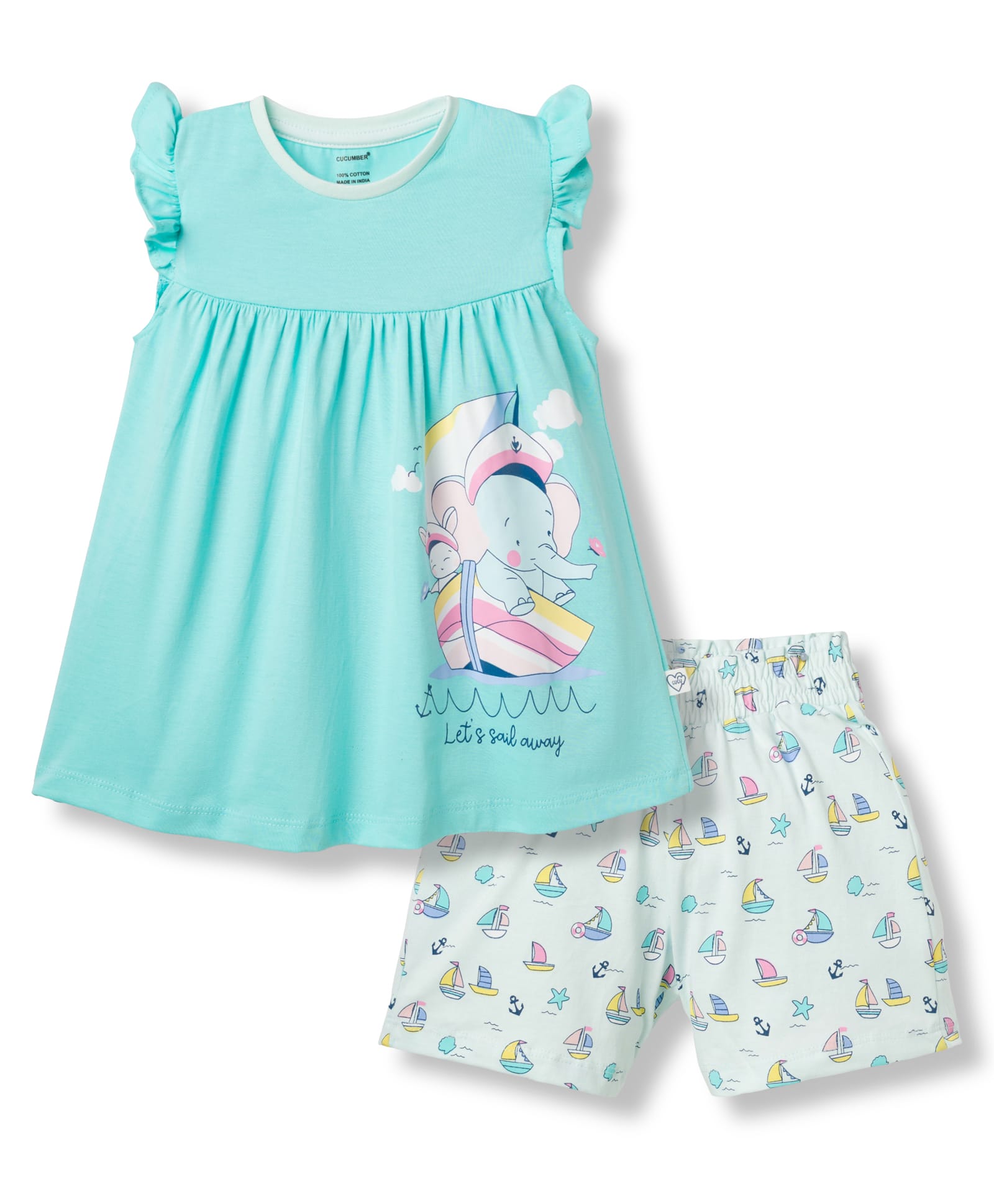 CUCUMBER Knit Sleeveless Top & Shorts Night Suit With Elephant & Nautical Theme Print - Aqua-image-41