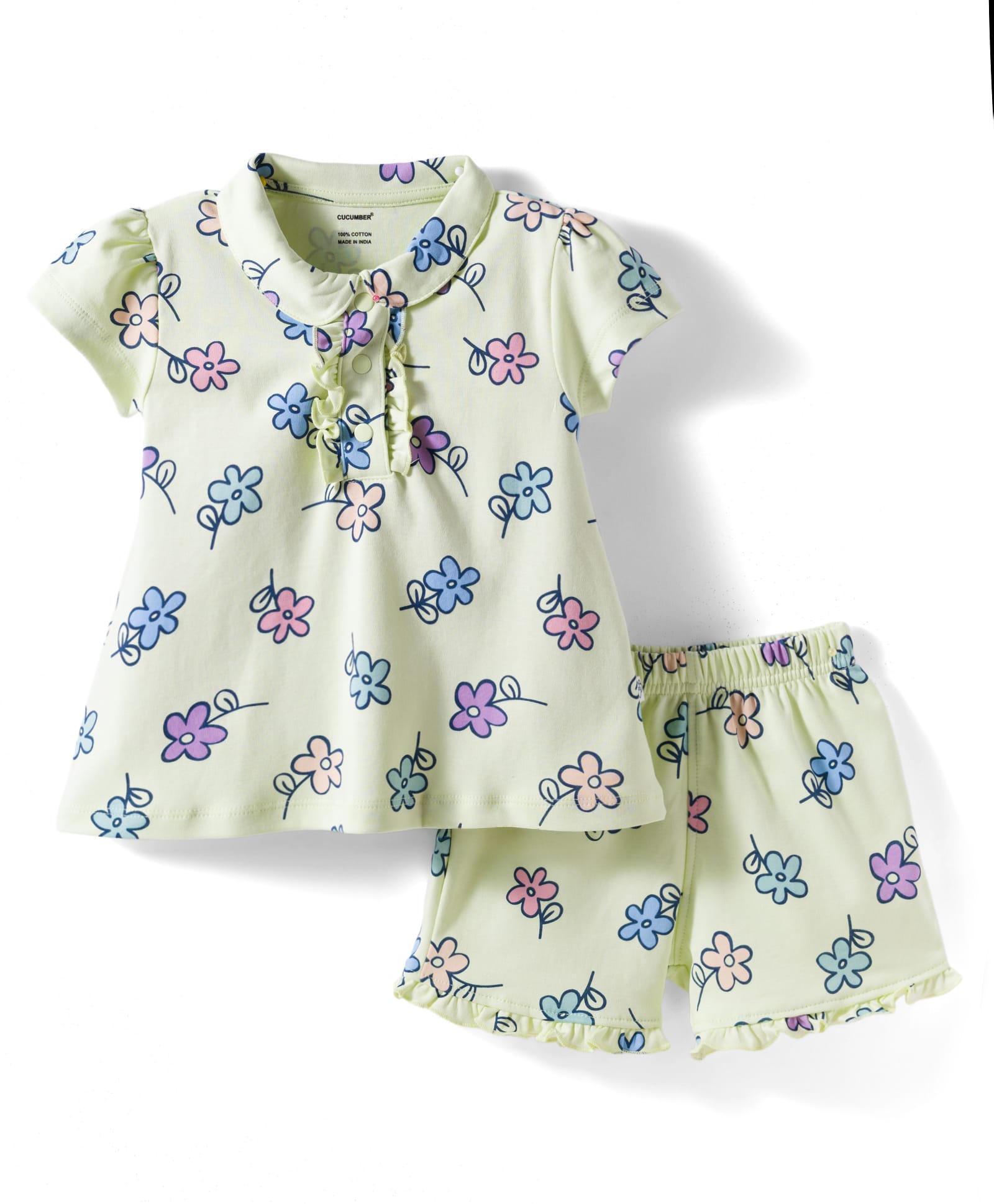 CUCUMBER Knit Half Sleeves T-Shirt & Shorts Co-ord Night Suit With Floral Print - Light Green-picture-12