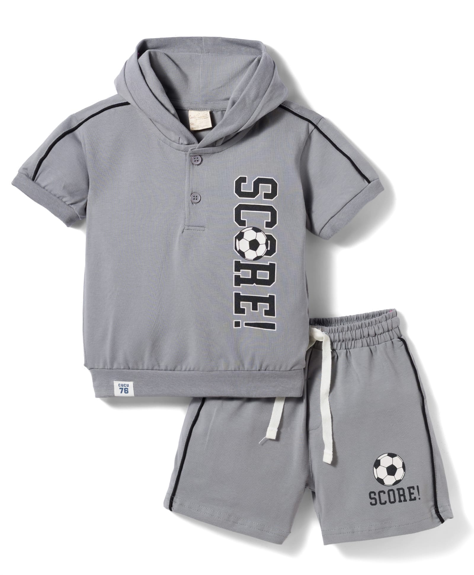 CUCUMBER Knit Half Sleeves Hooded T-Shirt & Shorts Set With Soccer Print - Grey-image-18