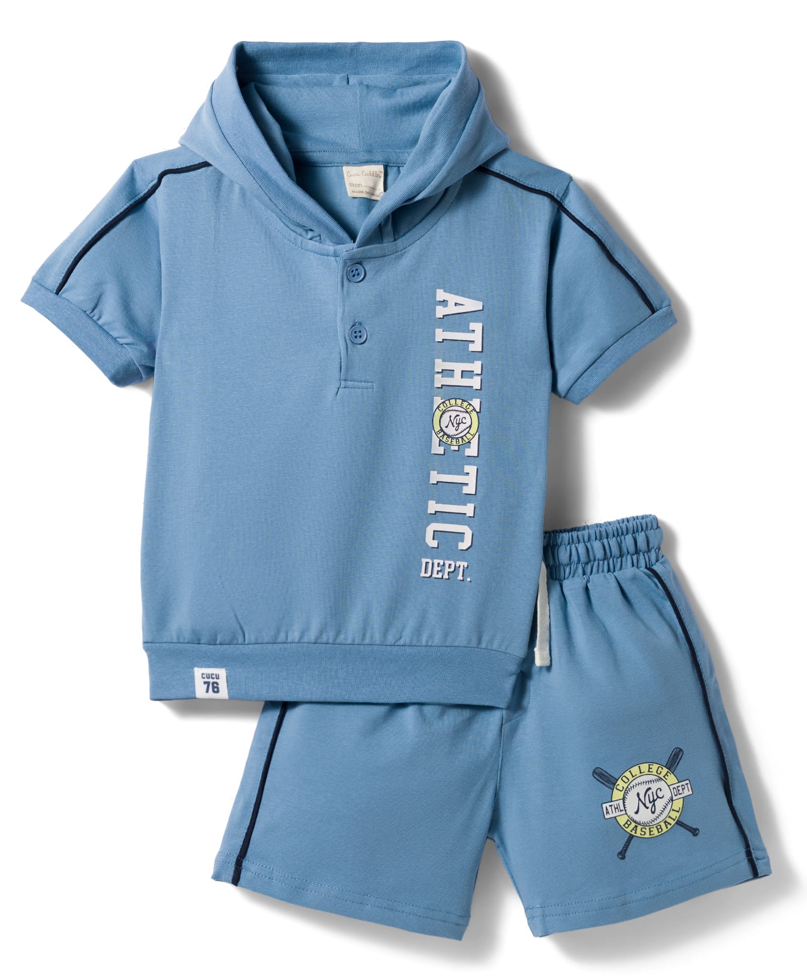 CUCUMBER Knit Half Sleeves Hooded T-Shirt & Shorts Set With Baseball Print - Blue-picture-12