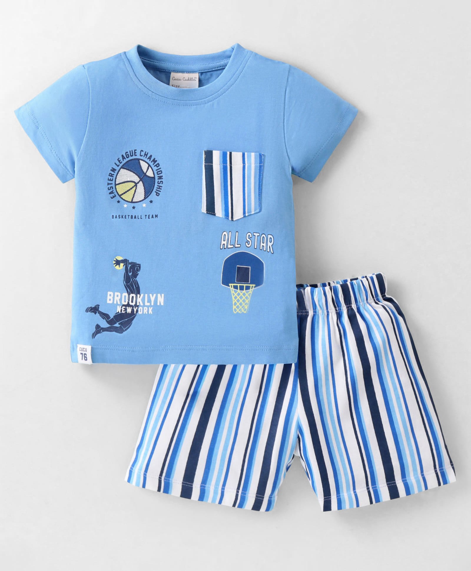 CUCUMBER Knit Half Sleeves T-Shirt & Shorts Set With Baskeball Print - Light Blue-picture-10