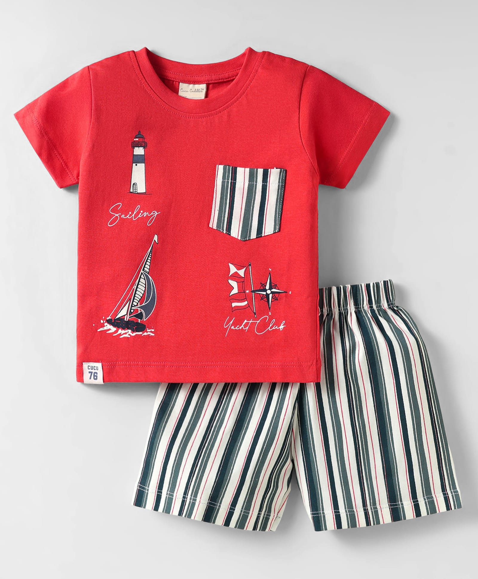 CUCUMBER Knit Half Sleeves T-Shirt & Shorts Set With Nautical Theme Print - Red-picture-20