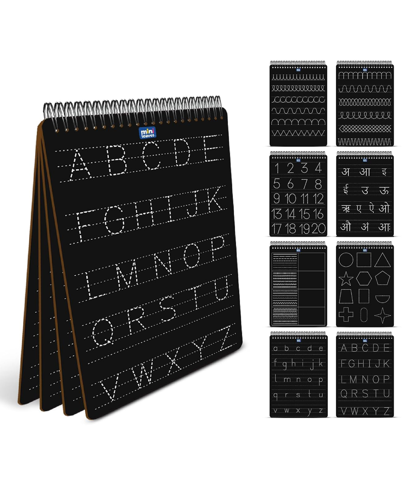 MiniLeaves Reusable Writing Practice Notebook Set, 8 Books with Dotted Guidelines for Letters, Numbers, Shapes, and Pattern Writing, Black-image-23
