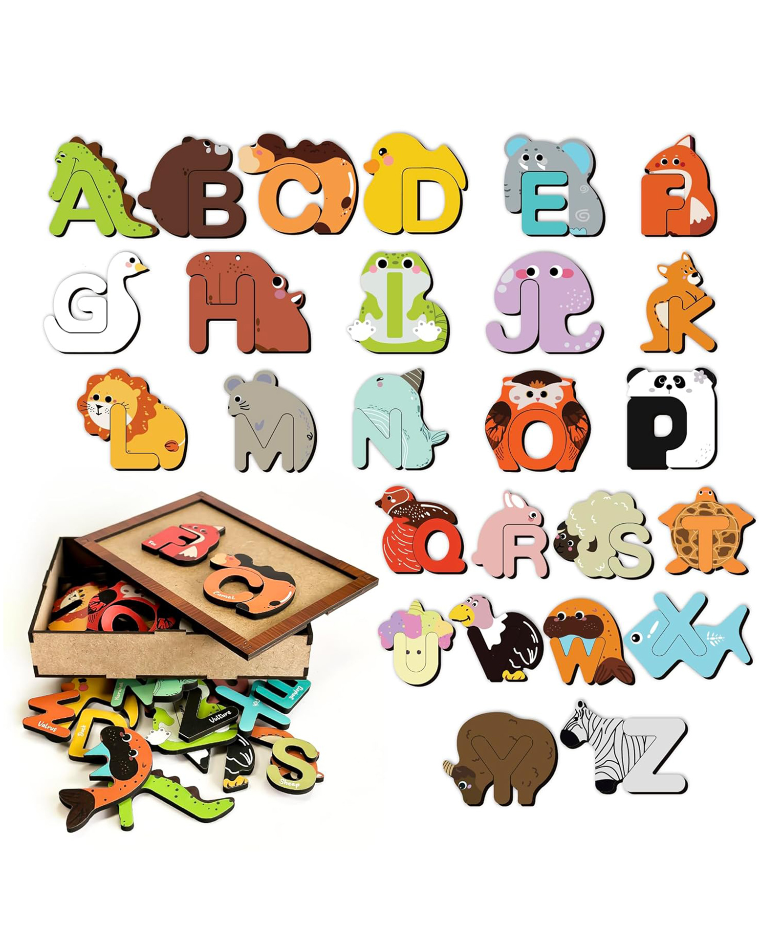 Yay Play AZ Animal Alphabet Wooden Puzzle Set for Kids 52 Wooden Letter & Animal Matching Pieces with Storage Box | Montessori Educational Toy for Toddlers, Preschool Learning & Fine Motor Skills-image-5