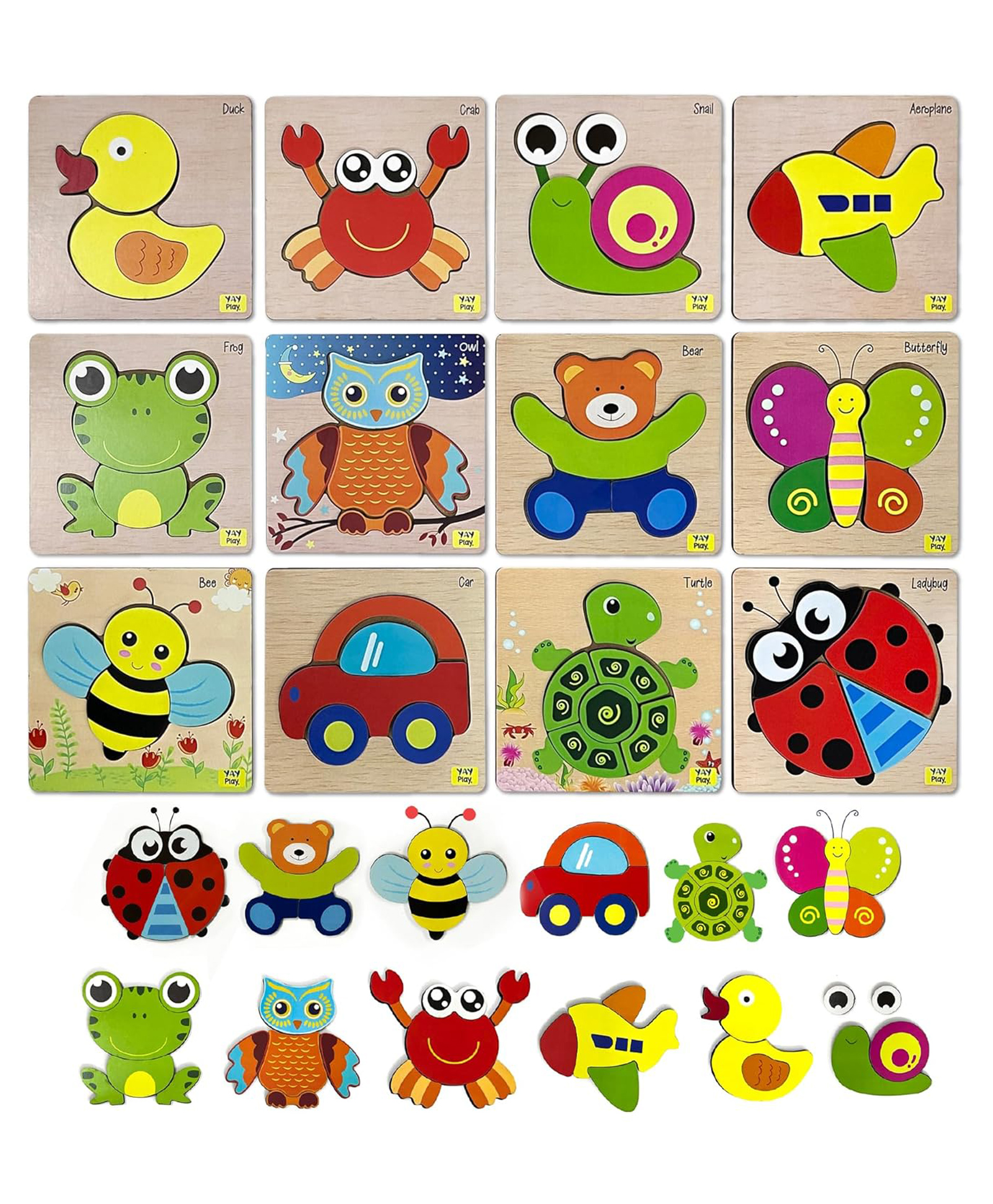 Yay Play Montessori Animal Puzzle Pack Set of 12 Wooden Puzzles for Kids | Chunky Shape & Animal Learning Toys for Toddlers-picture-20
