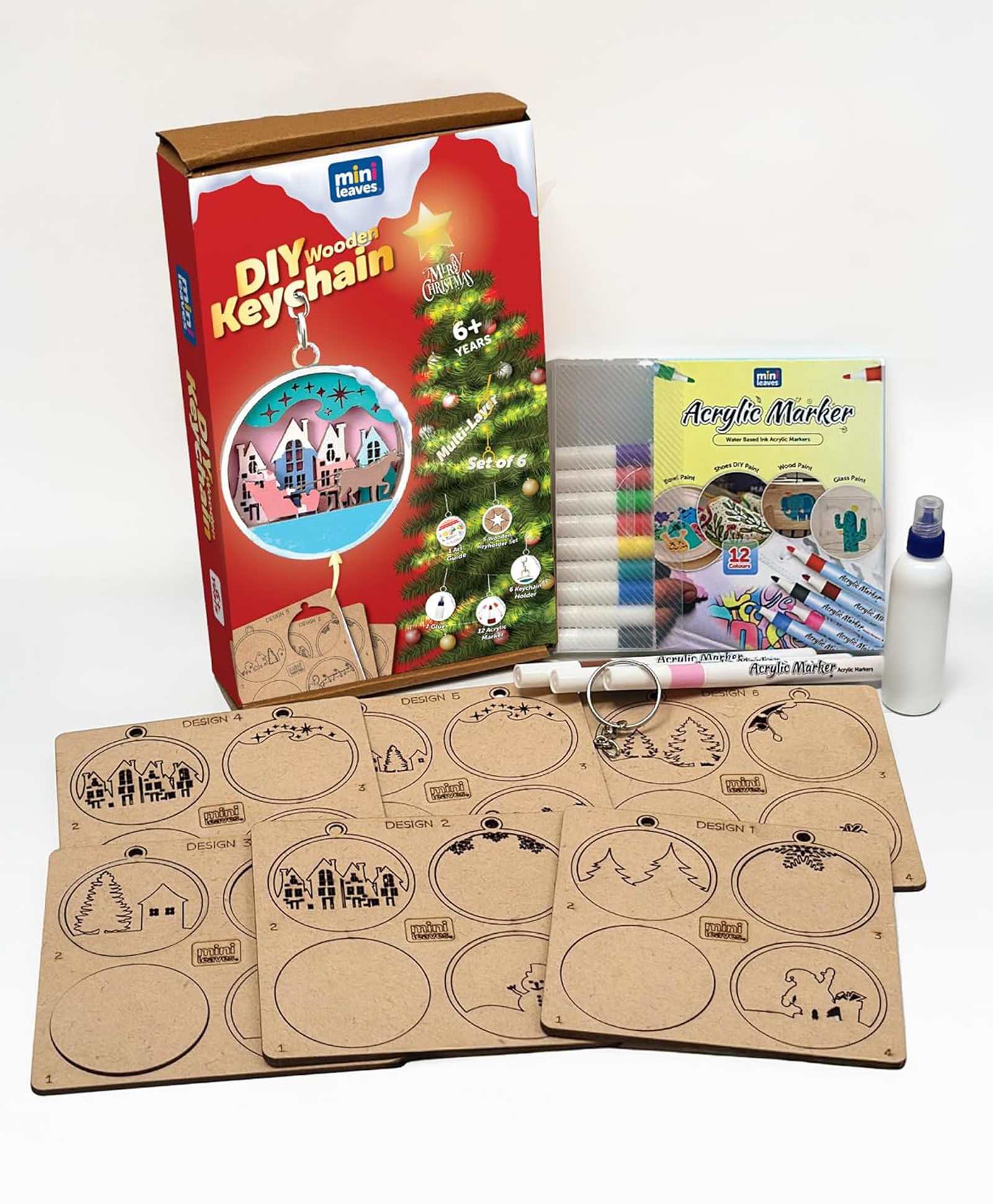 MiniLeaves DIY Wooden Keychain Paint Art Kit, 3D Multilayer Christmas Keychain, Art and Craft Kit for Boys Girls 6+ Years, DIY Kit Set of 6-picture-14