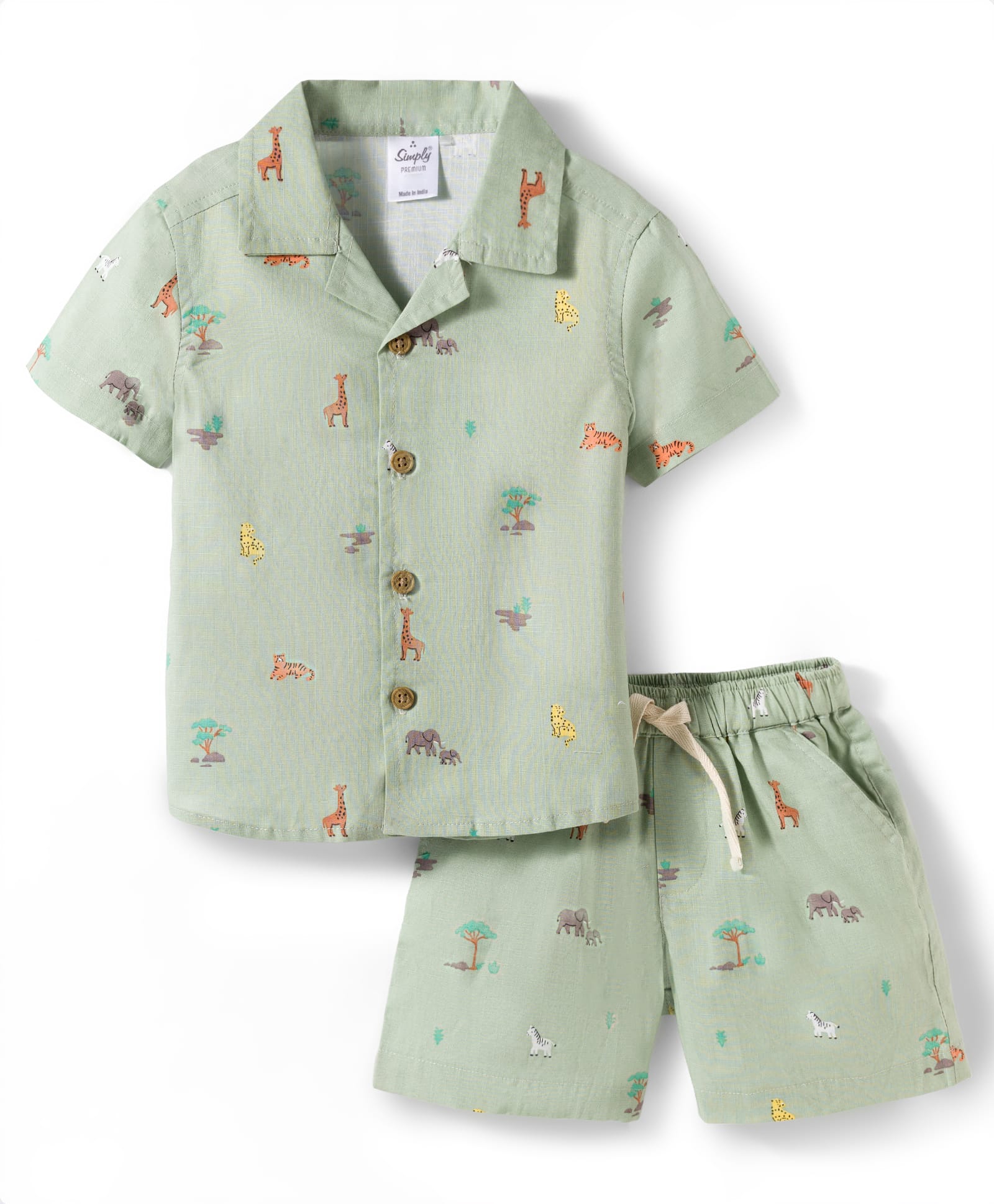 Simply Premium Cotton Knit Jungle Theme Printed Co-Ords Shirt & Shorts Night Suit - Light Green-picture-31