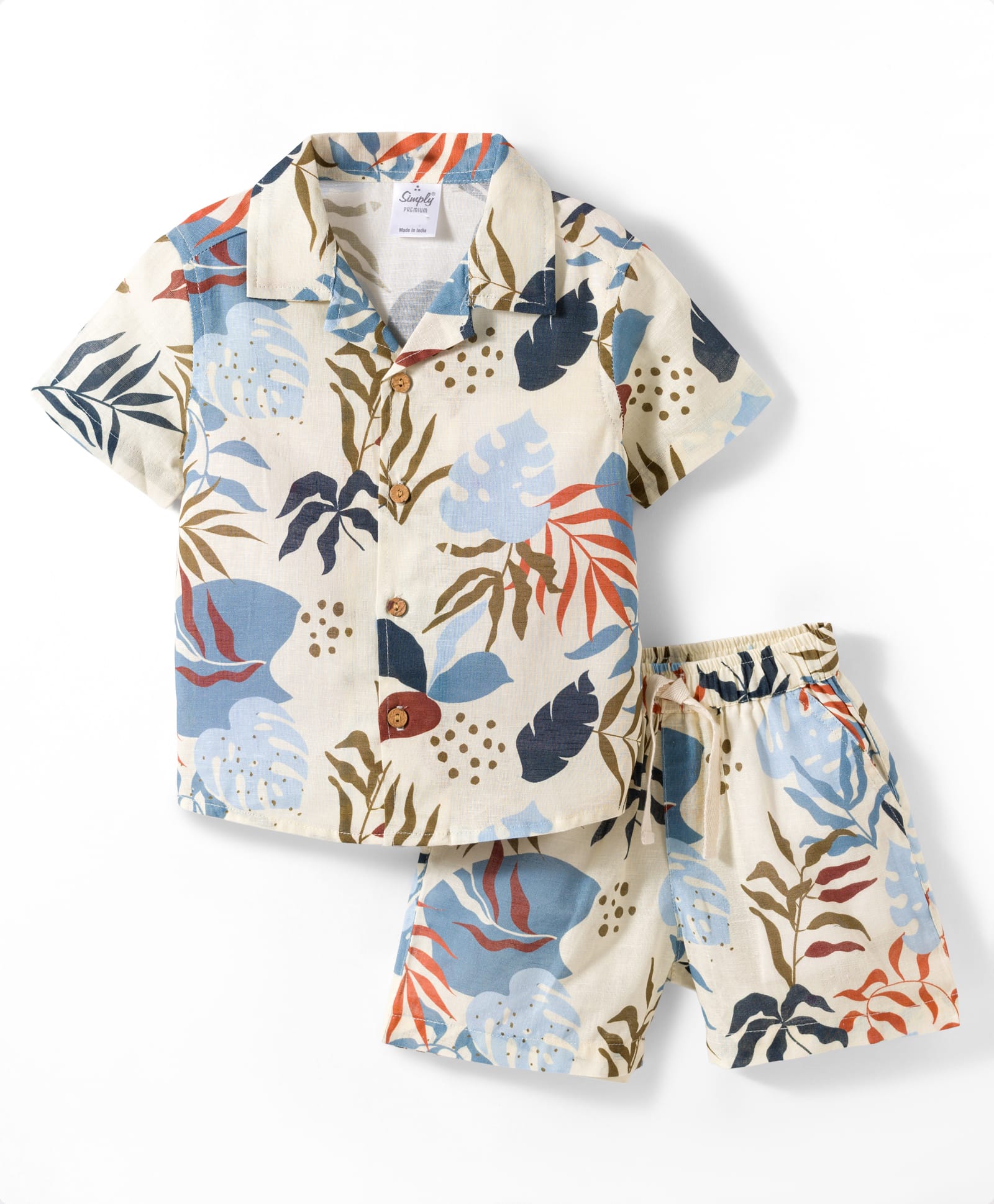 Simply Premium Linen Knit Half Sleeves Tropical Theme Printed Co-Ords Shirt & Shorts Night Suit - Light blue-image-41
