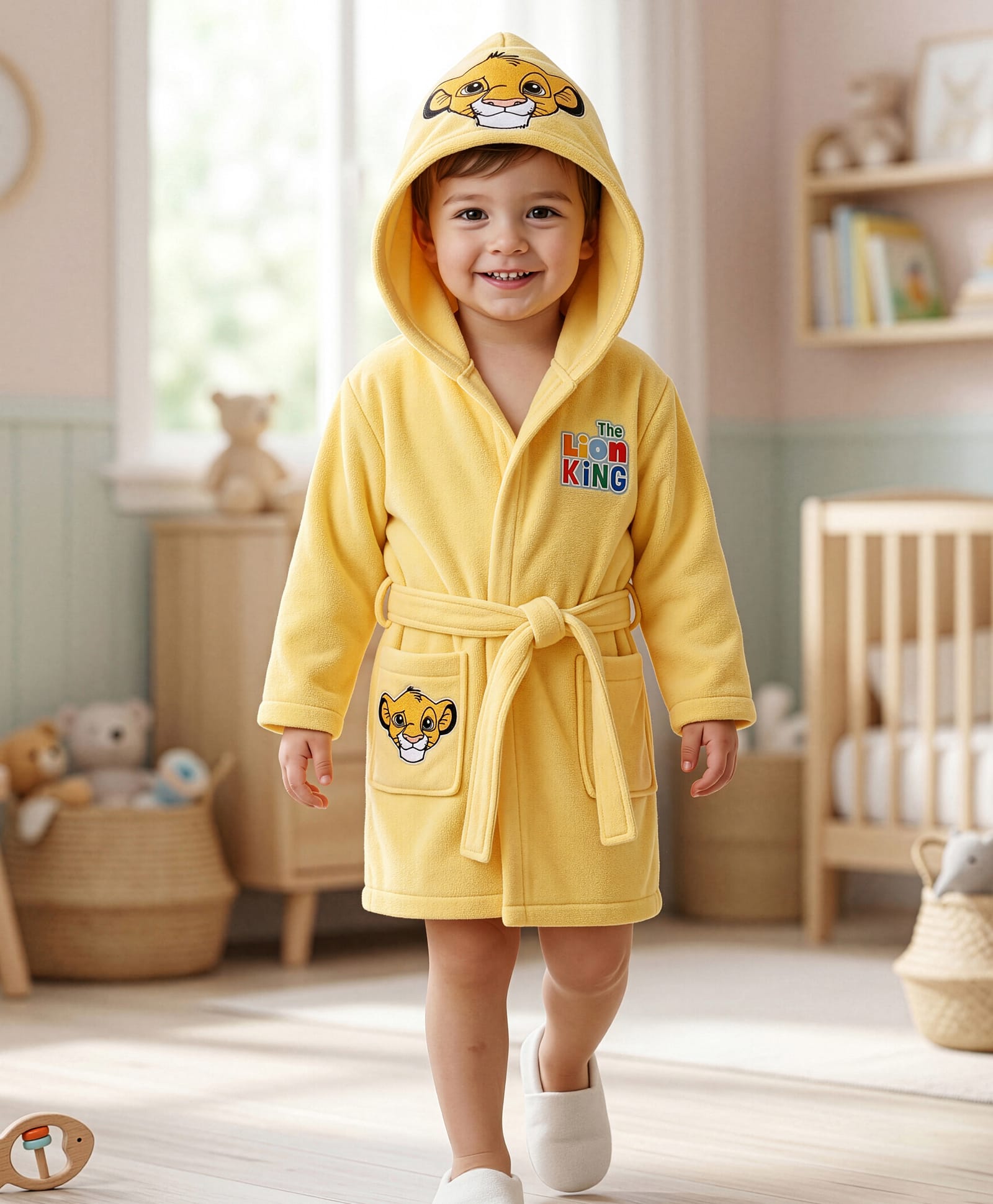 Babyhug Disney Terry Knit Hooded Bathrobe with Pockets & Lion King Graphics - Yellow-image-29