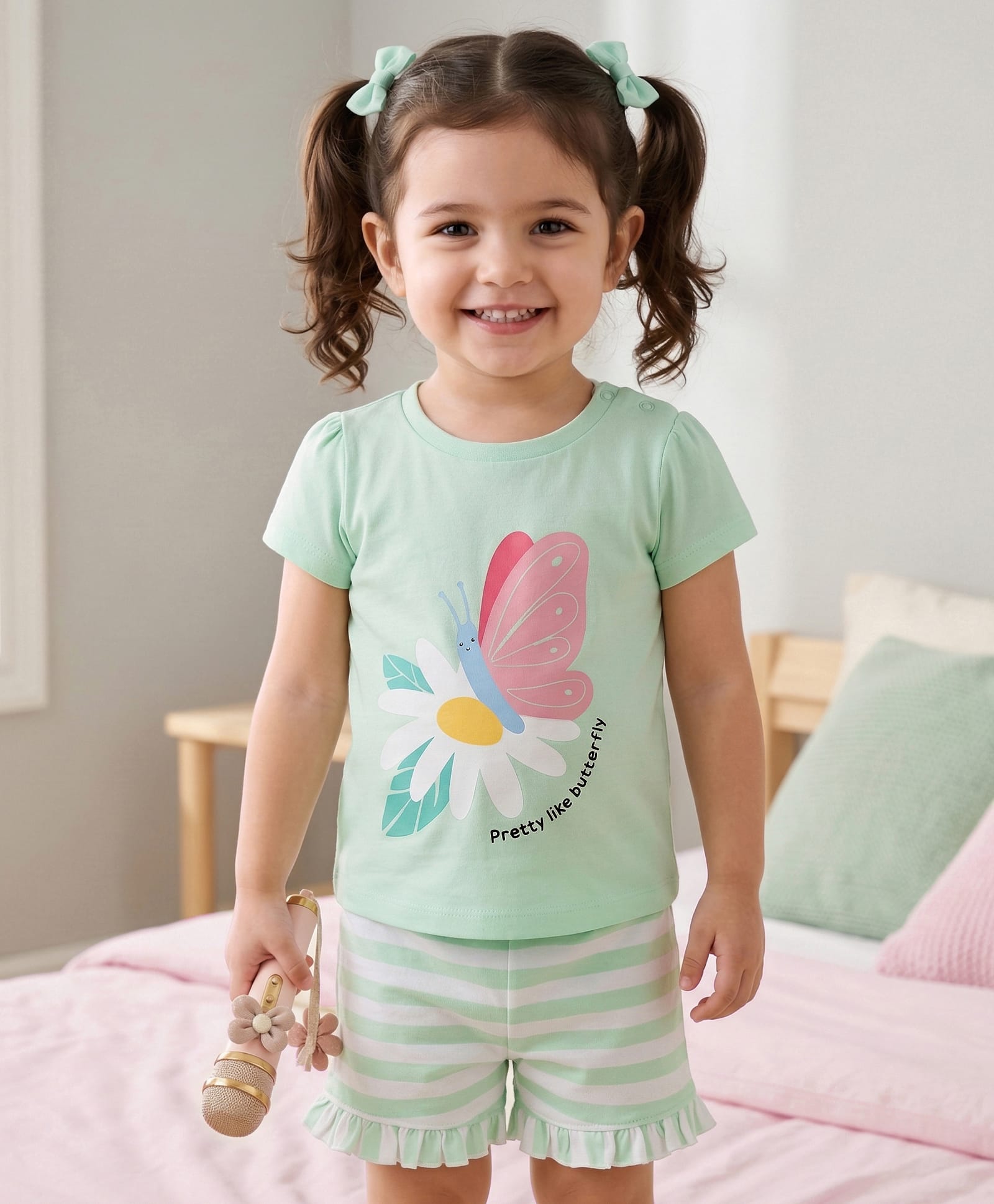 Babyhug Cotton Knit Half Sleeves Floral & Butterfly Printed & Striped T-Shirt & Shorts Night Suit - Light Green-image-10