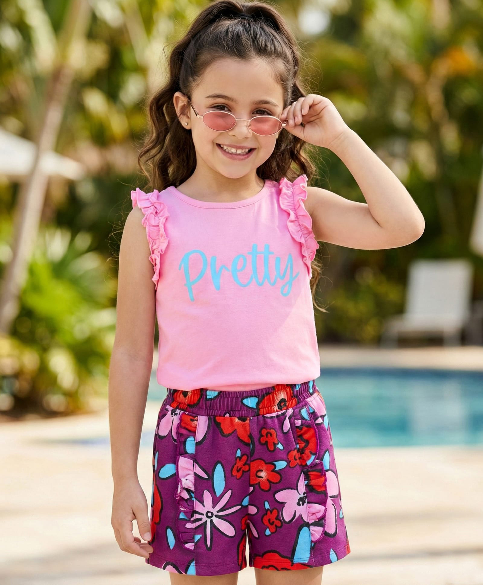 OLLINGTON ST. Cotton Knit Sleeveless Top & Printed Shorts Set - Pink & Multicolor-image-30
